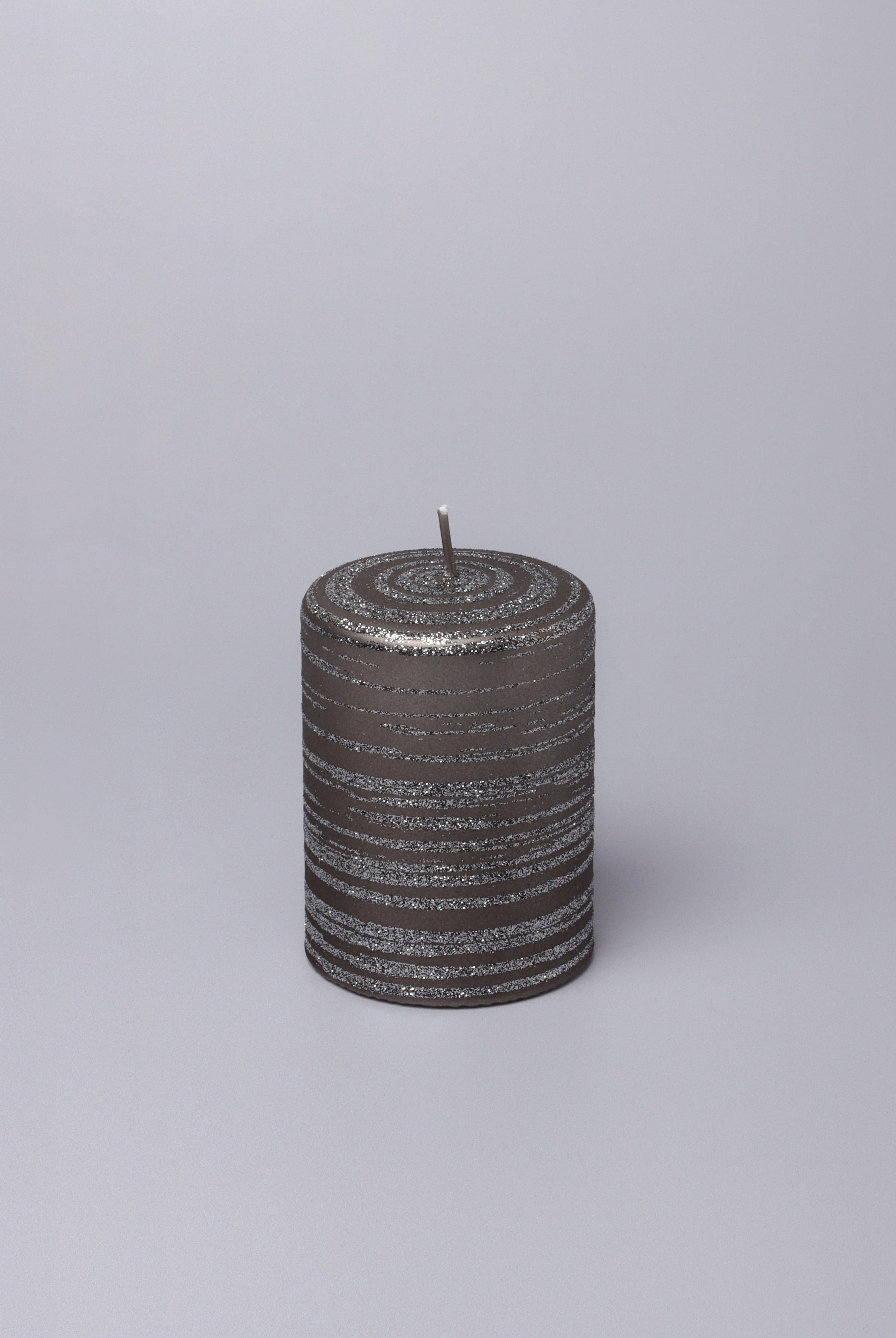 Grey Stripes Dark Glitter Shimmer Gloss Pillar Candles - G Decor