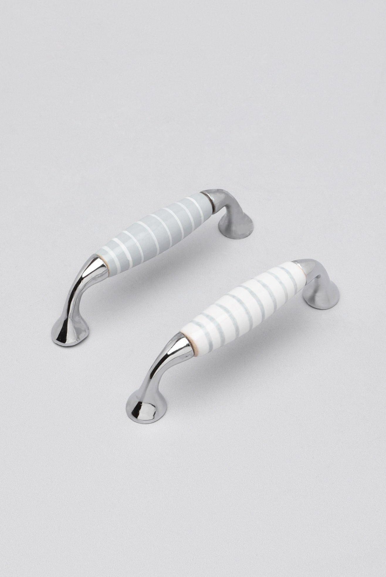 Grey White Stripes Ceramic Kitchen Cupboard Pull Handles - G Decor
