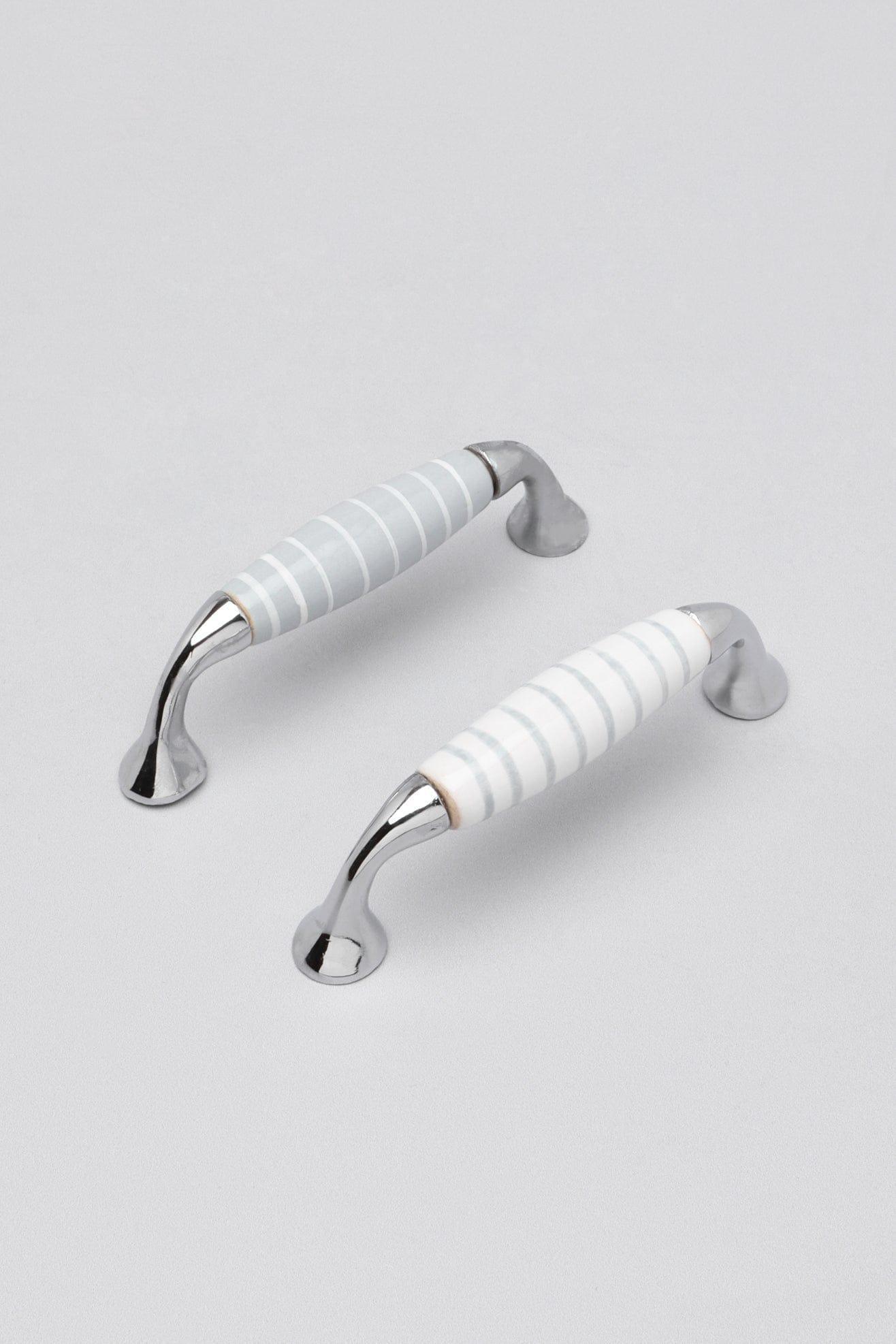 Grey White Stripes Ceramic Kitchen Cupboard Pull Handles - G Decor