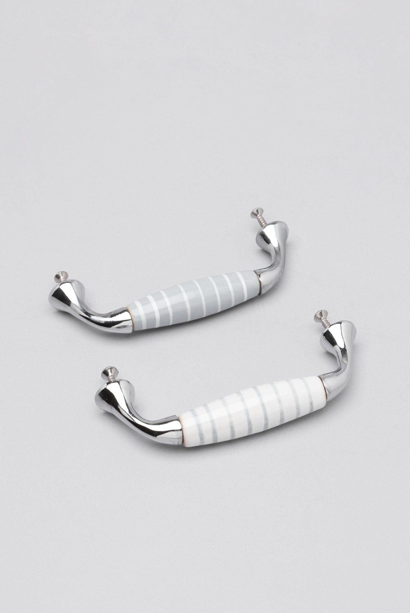Grey White Stripes Ceramic Kitchen Cupboard Pull Handles - G Decor