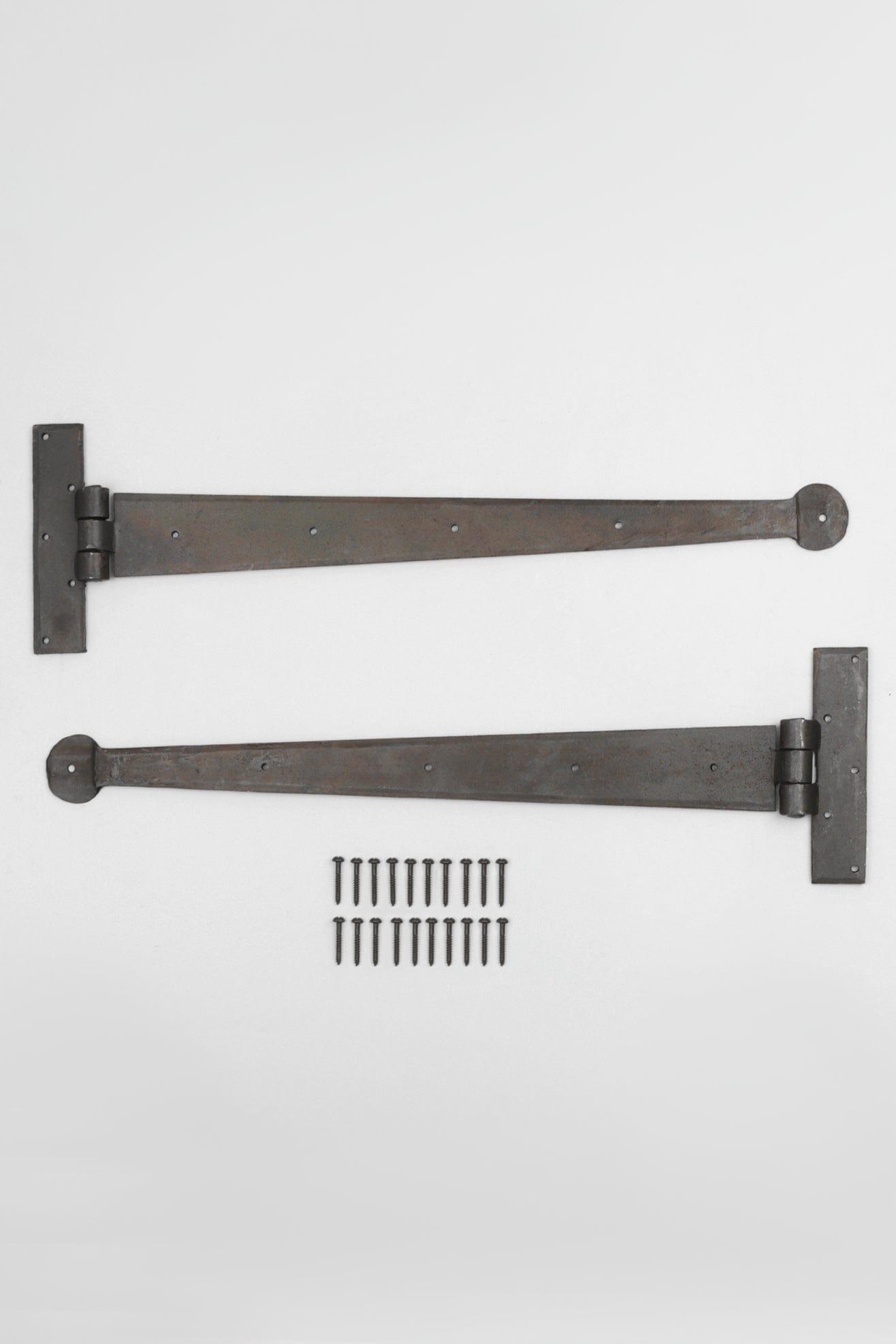 G Decor Hinges Set of 2 / Black Hand Forged Tee Hinge 18" Penny T Hinge Beeswax Solid Metal Pair