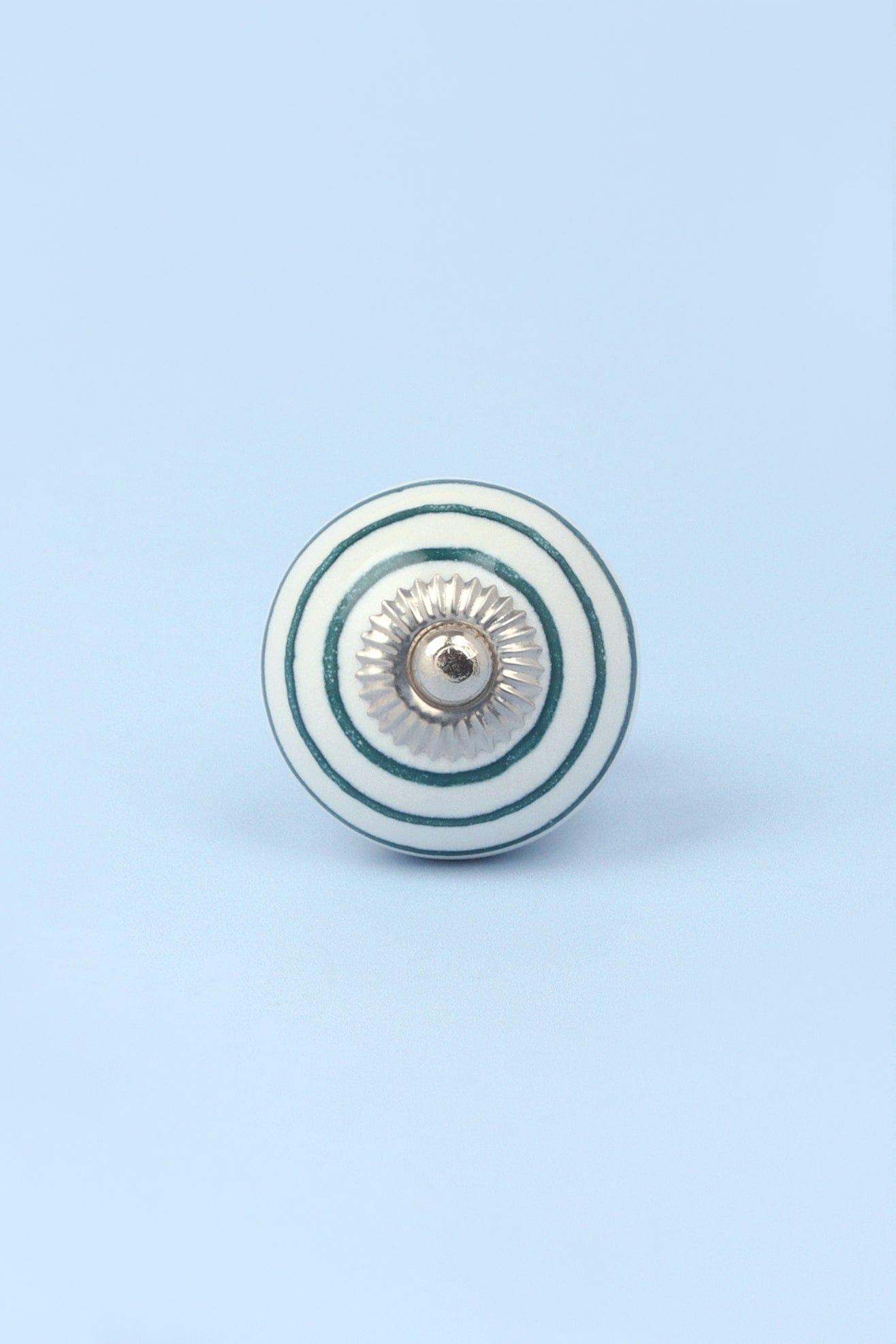 Handcrafted & Handpainted Striped Ceramic Door Knobs White Base Cupboard Pull Handles In Dark Green And Blue In - G Decor