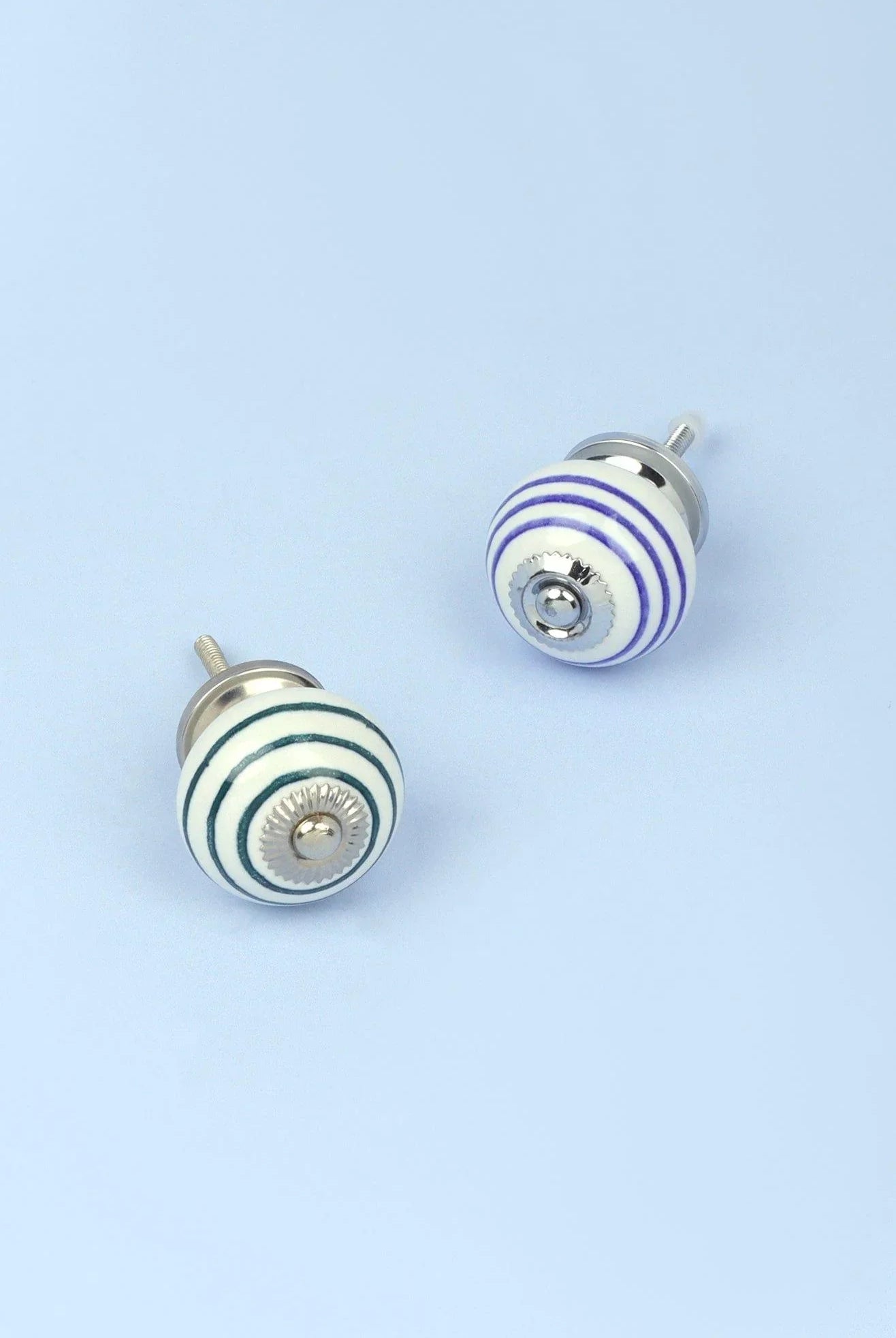 Handcrafted & Handpainted Striped Ceramic Door Knobs White Base Cupboard Pull Handles In Dark Green And Blue In - G Decor