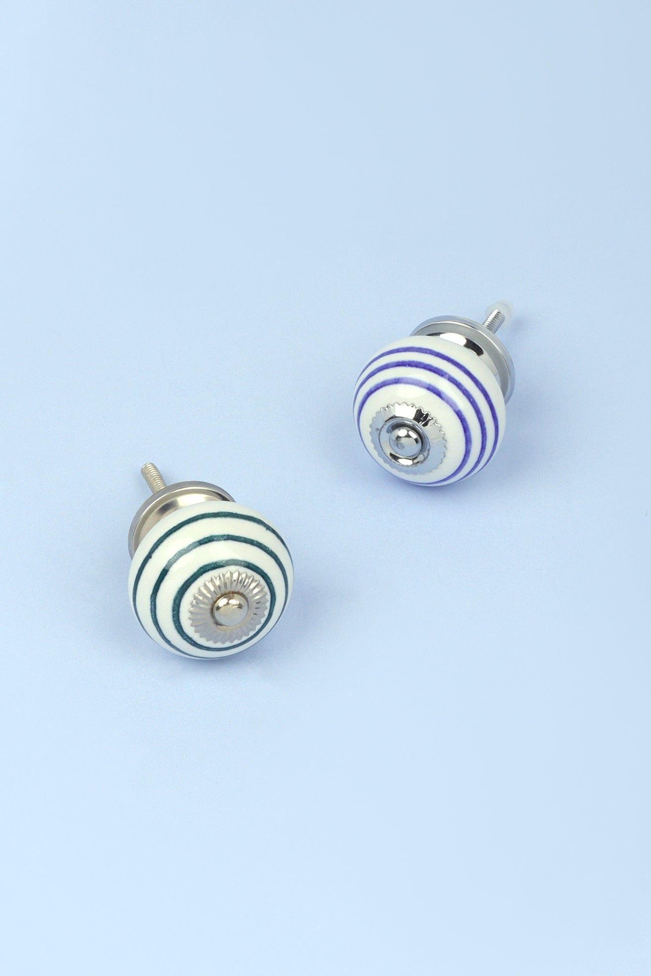 Handcrafted & Handpainted Striped Ceramic Door Knobs White Base Cupboard Pull Handles In Dark Green And Blue In - G Decor