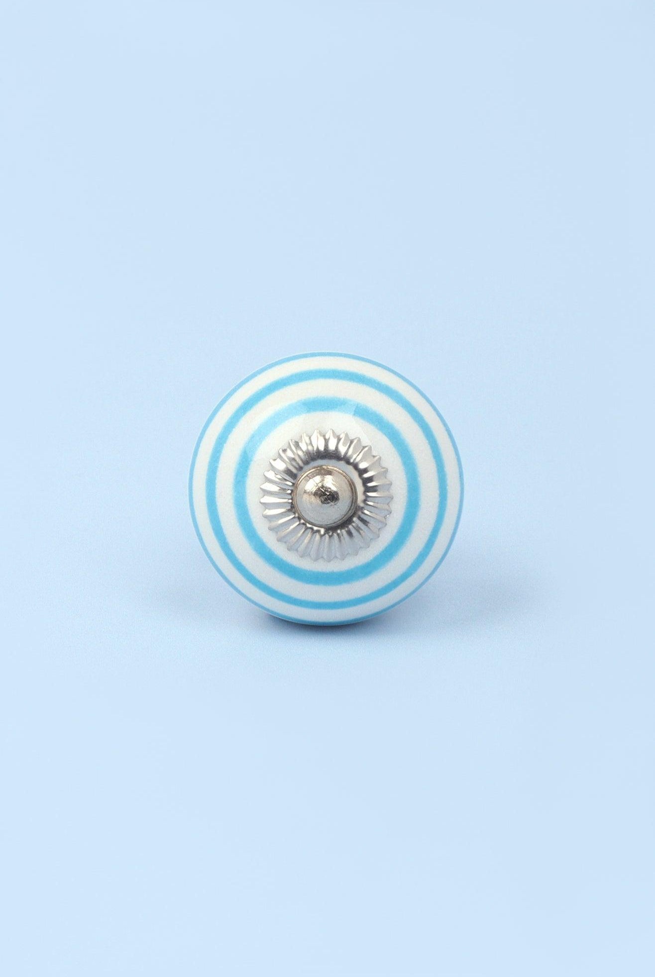 Handcrafted & Handpainted Striped Ceramic Door Knobs White Base Cupboard Pull Handles In Grey and Blue - G Decor