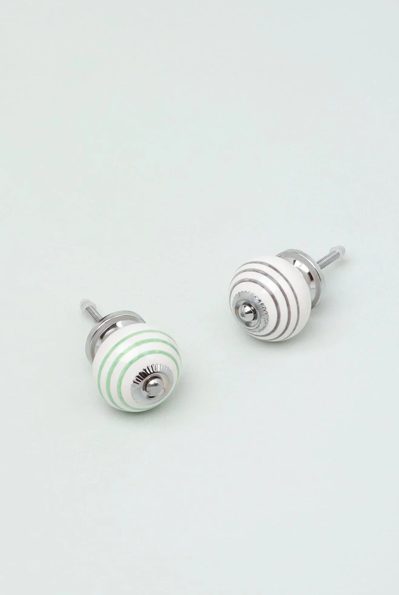 Handcrafted & Handpainted Striped Ceramic Door Knobs White Base Cupboard Pull Handles In Grey and Green - G Decor