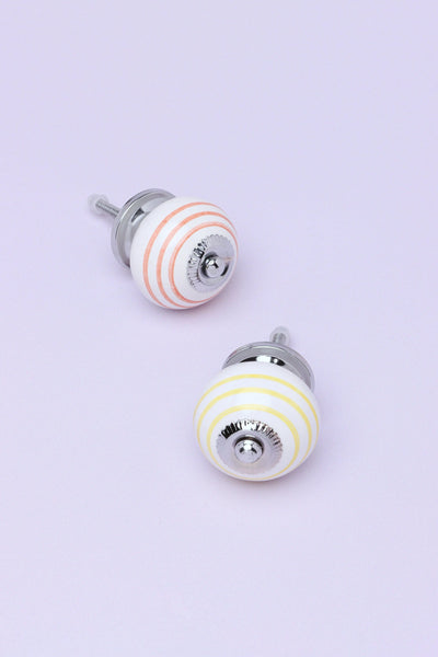 Striped Hand-Painted Ceramic Cabinet Knob in Pink and Yellow