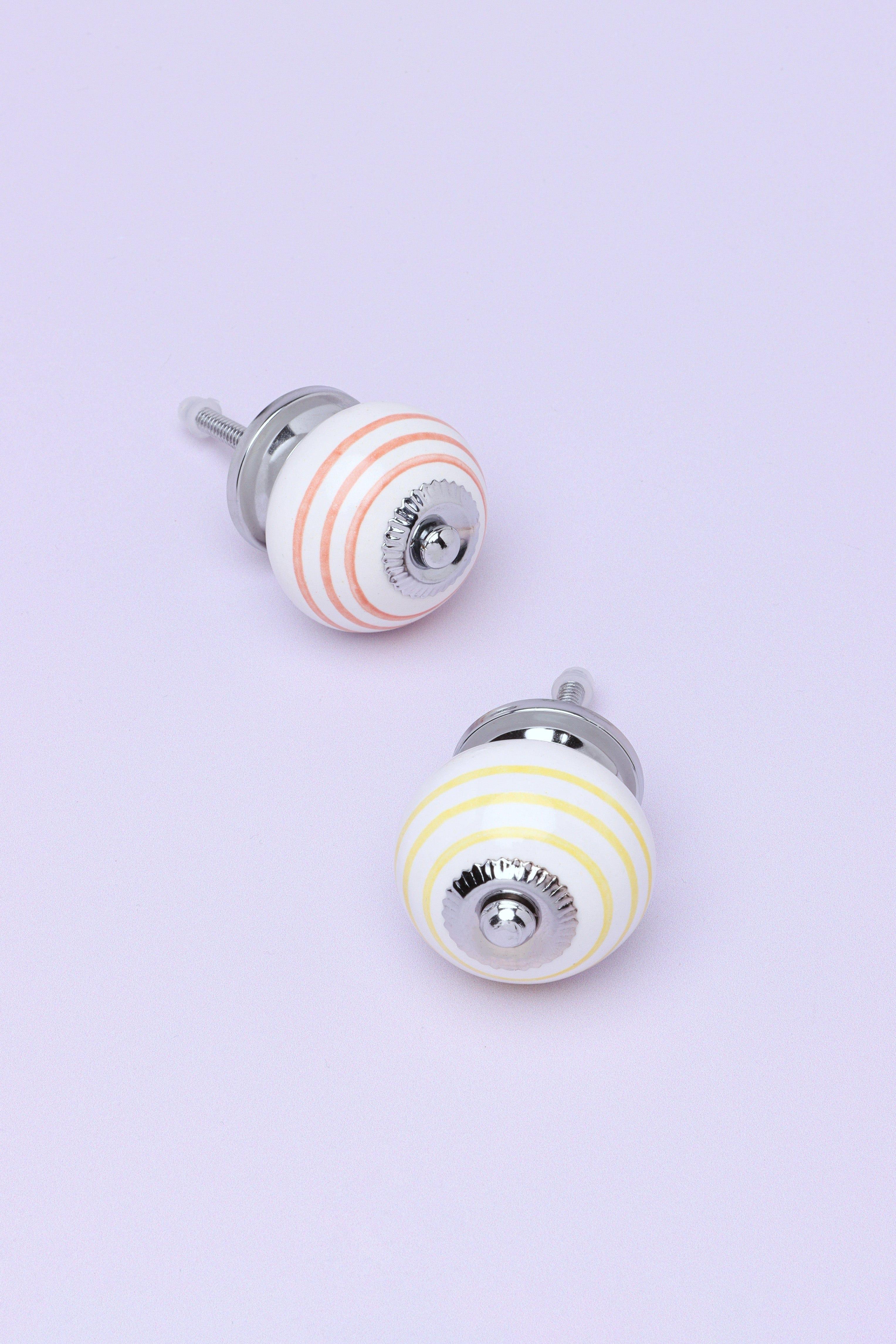 Handcrafted & Handpainted Striped Ceramic Door Knobs White Base Cupboard Pull Handles In Pink And Yellow - G Decor