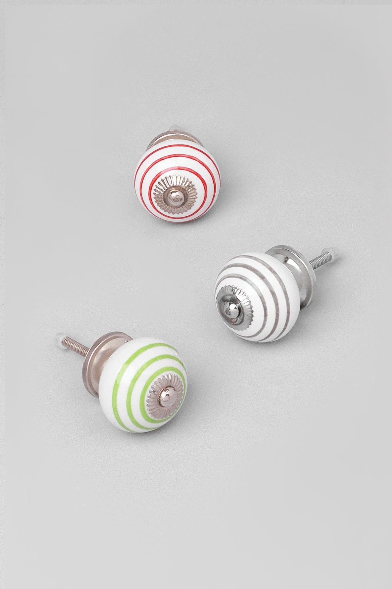 Handcrafted & Handpainted Striped Ceramic Door Knobs White Base Cupboard Pull Handles In Red, Light Green And Dark Gray - G Decor