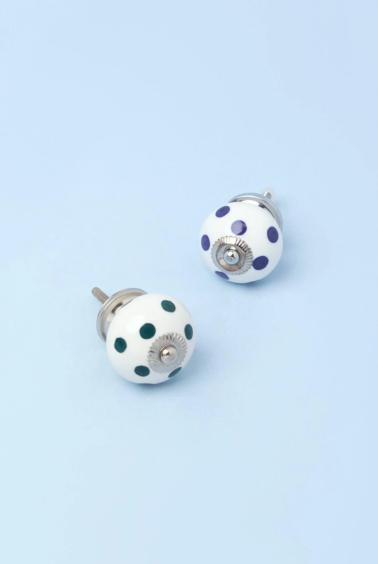 Handcrafted & Handpainted White Base Polka Dot Ceramic Door Knobs In Darks Blue And Green - G Decor