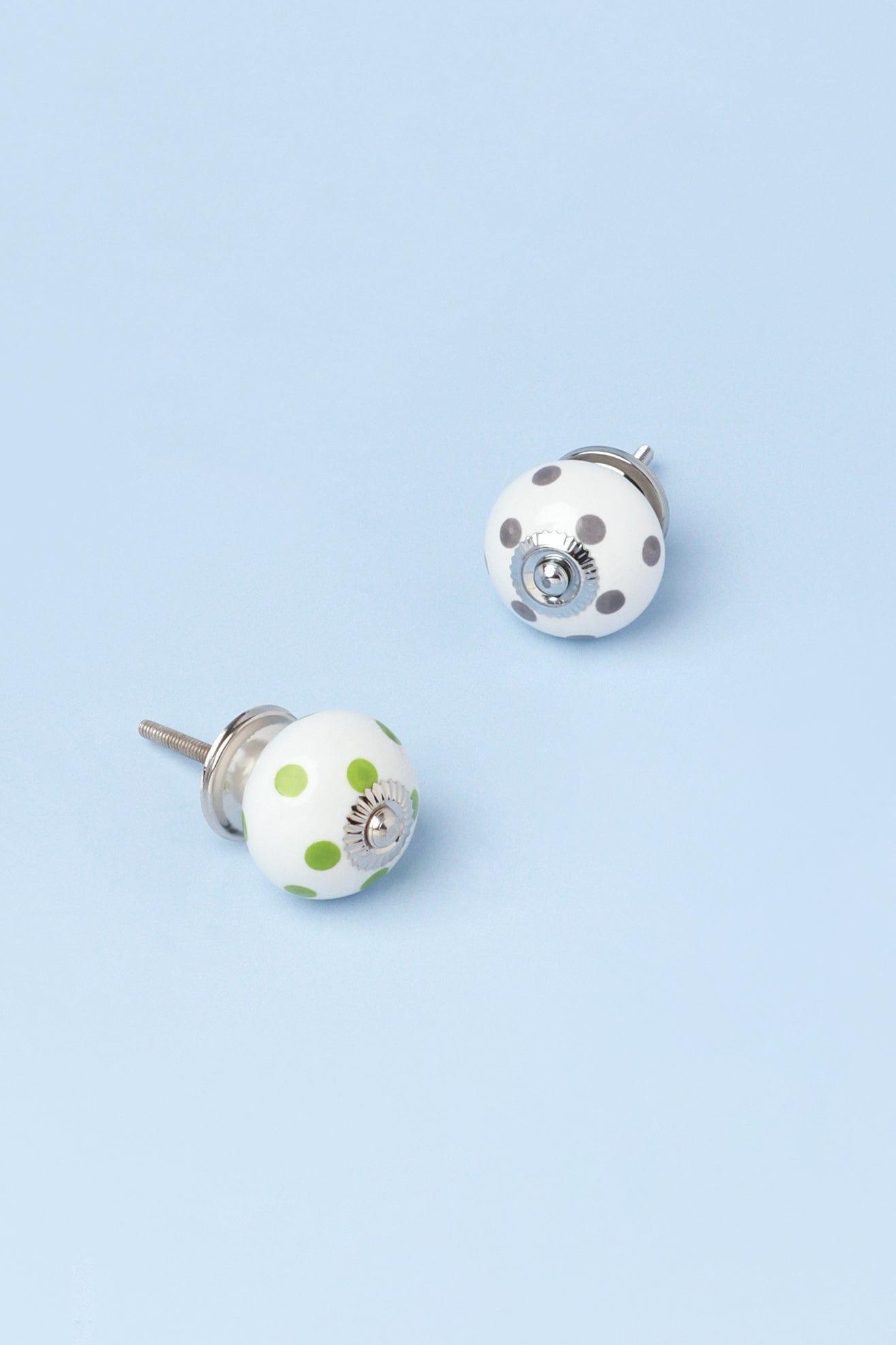 Handcrafted & Handpainted White Base Polka Dot Ceramic Door Knobs In Light Green And Grey - G Decor