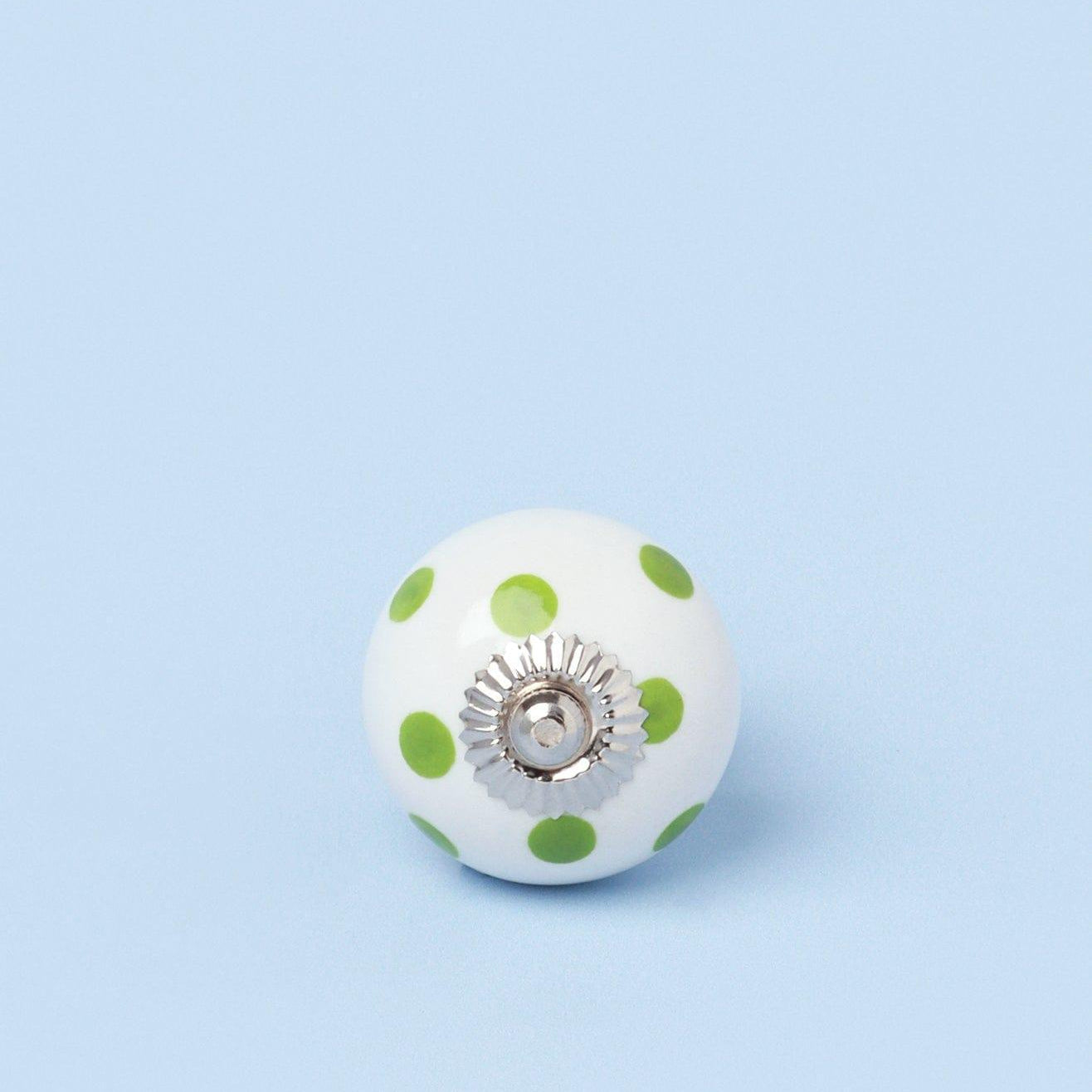 Handcrafted & Handpainted White Base Polka Dot Ceramic Door Knobs In Light Green And Grey - G Decor