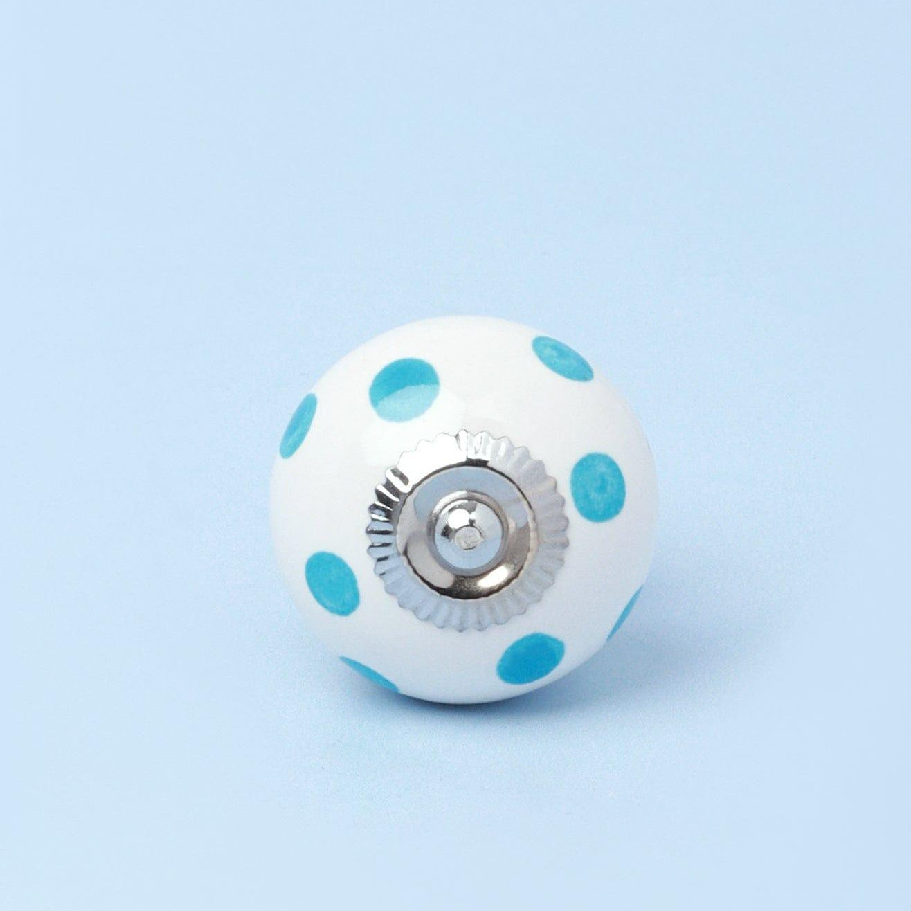 Handcrafted & Handpainted White Base Polka Dot Ceramic Door Knobs In Lights Blue And Grey - G Decor