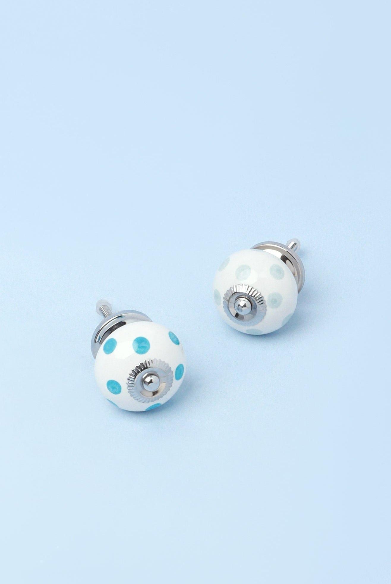 Handcrafted & Handpainted White Base Polka Dot Ceramic Door Knobs In Lights Blue And Grey - G Decor