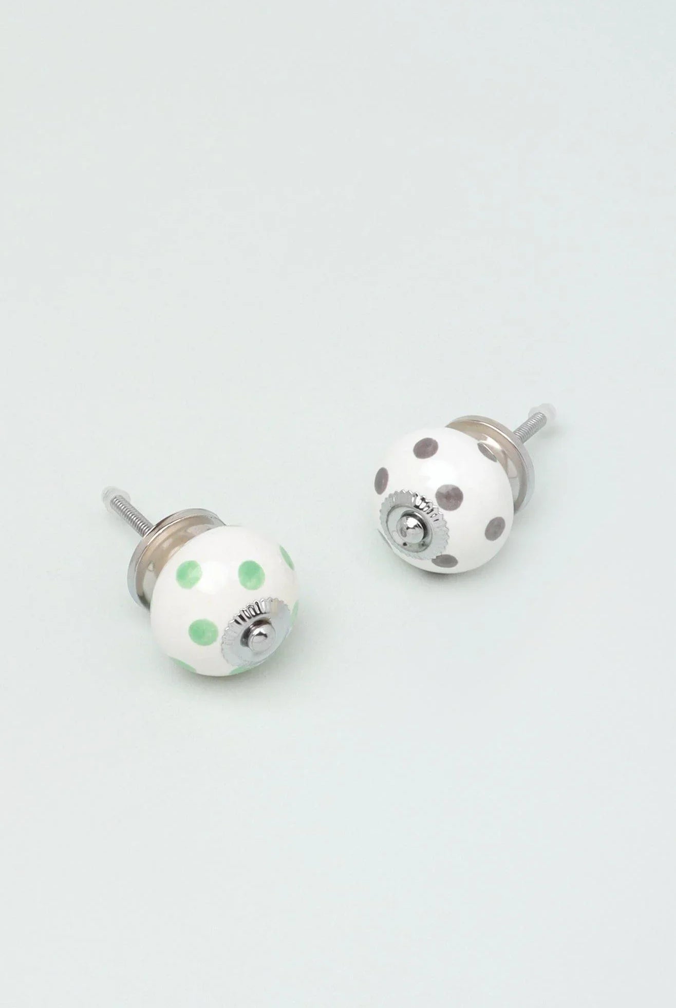 Handcrafted & Handpainted White Base Polka Dot Ceramic Door Knobs In Mint and Dark Grey - G Decor