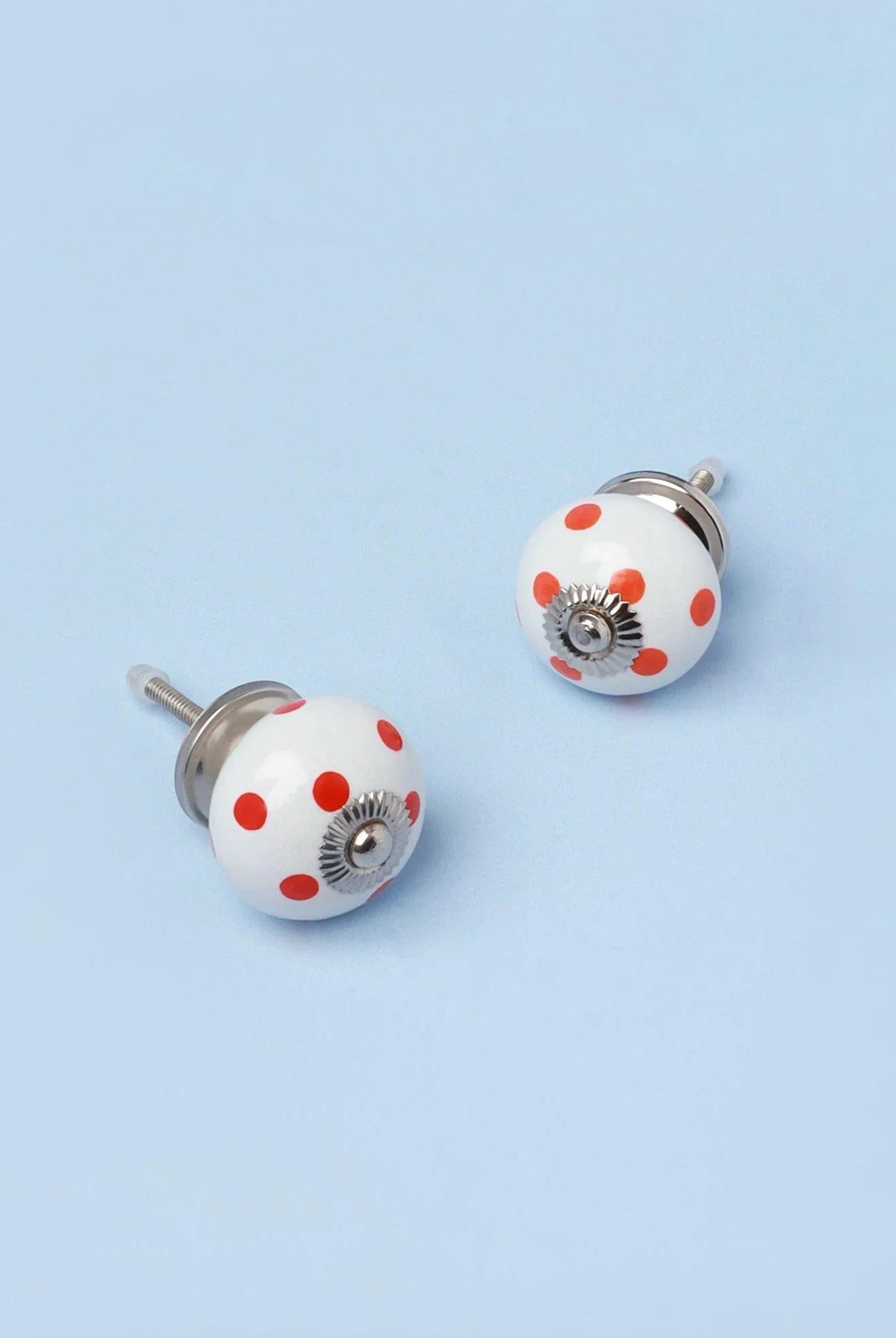 Handcrafted & Handpainted White Base Polka Dot Ceramic Door Knobs In Orange And Red - G Decor