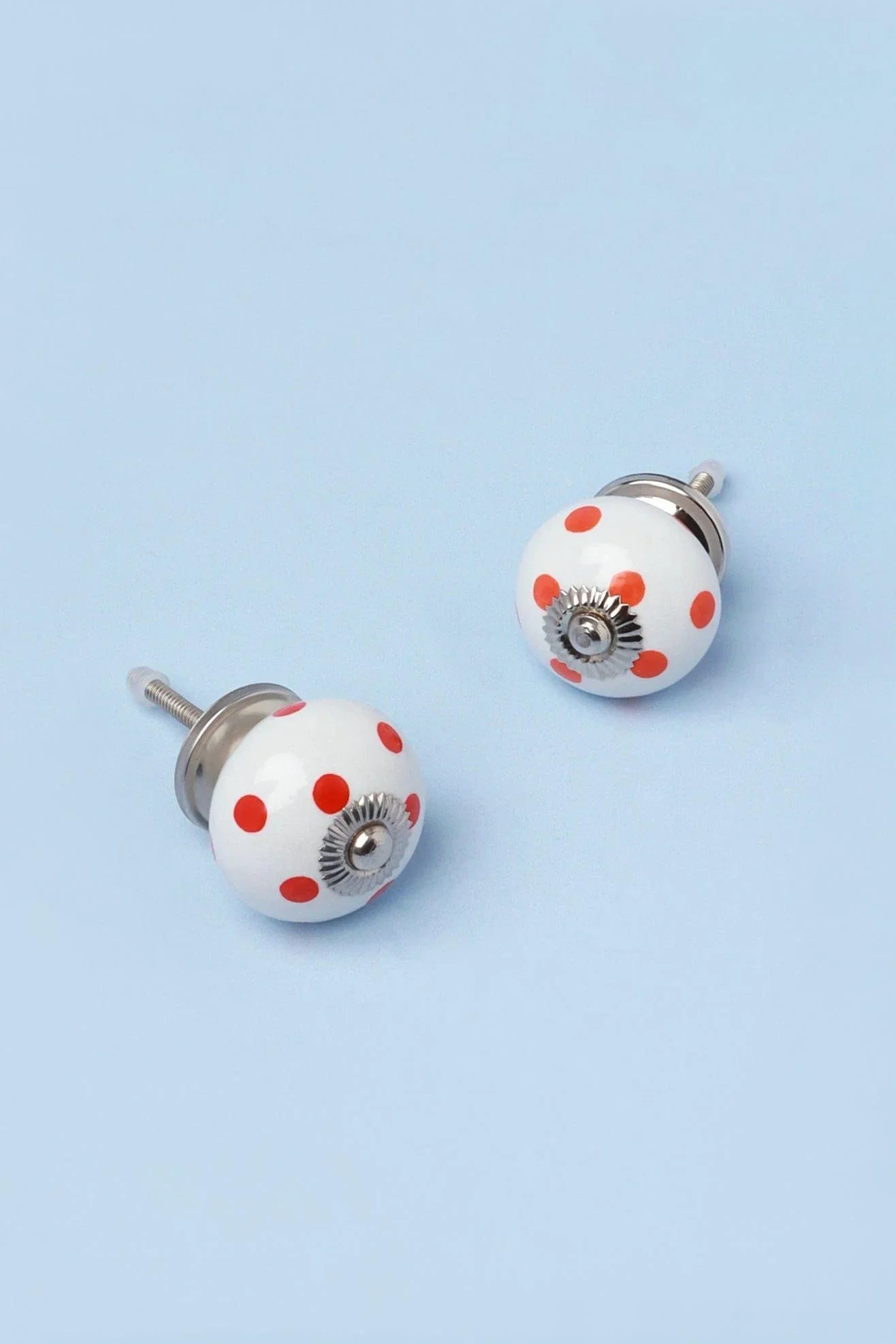 Handcrafted & Handpainted White Base Polka Dot Ceramic Door Knobs In Orange And Red - G Decor