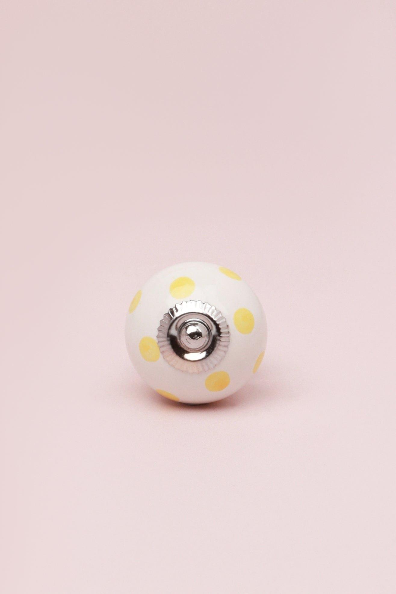 Handcrafted & Handpainted White Base Polka Dot Ceramic Door Knobs In Pastel Yellow And Baby Pink - G Decor