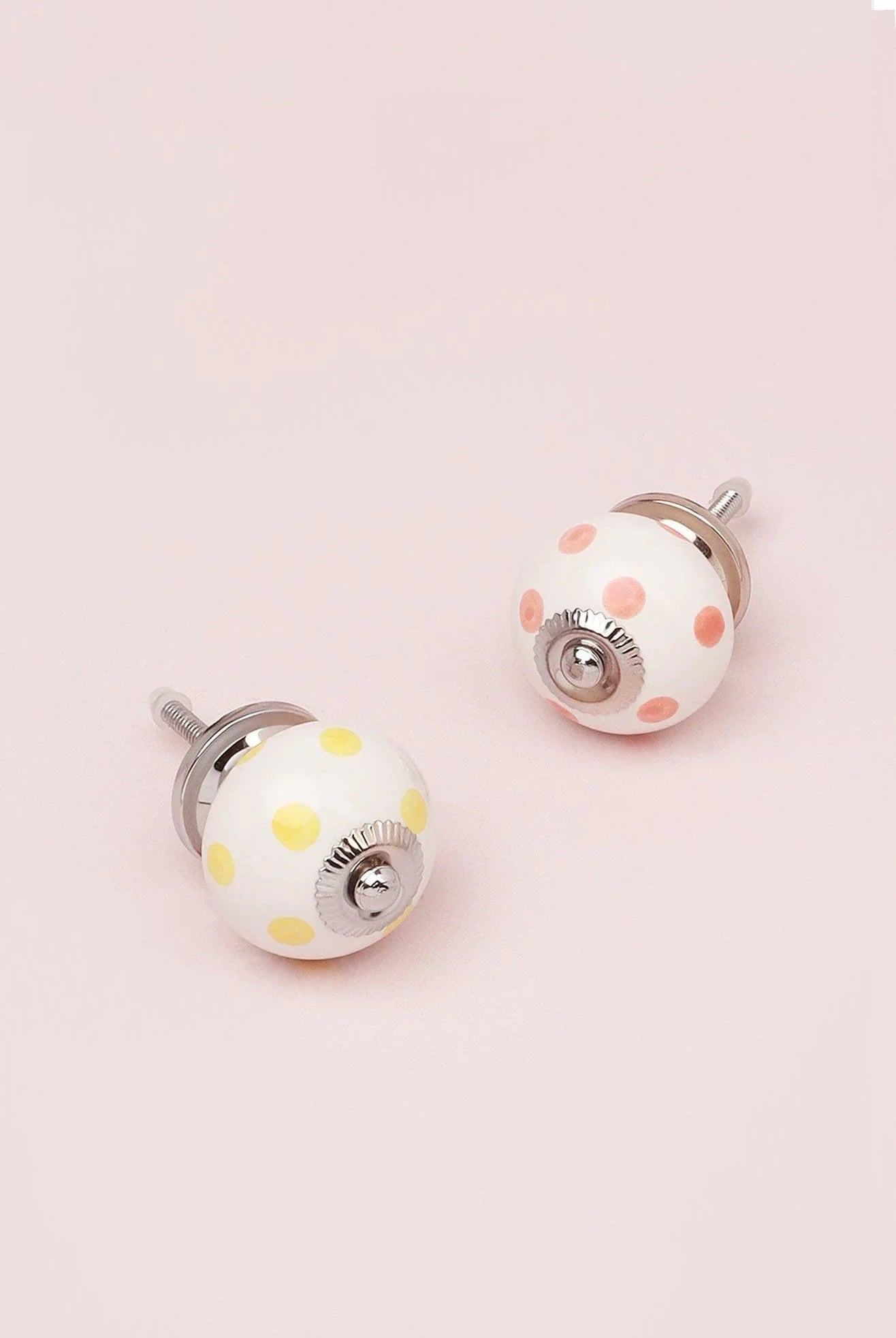 Handcrafted & Handpainted White Base Polka Dot Ceramic Door Knobs In Pastel Yellow And Baby Pink - G Decor