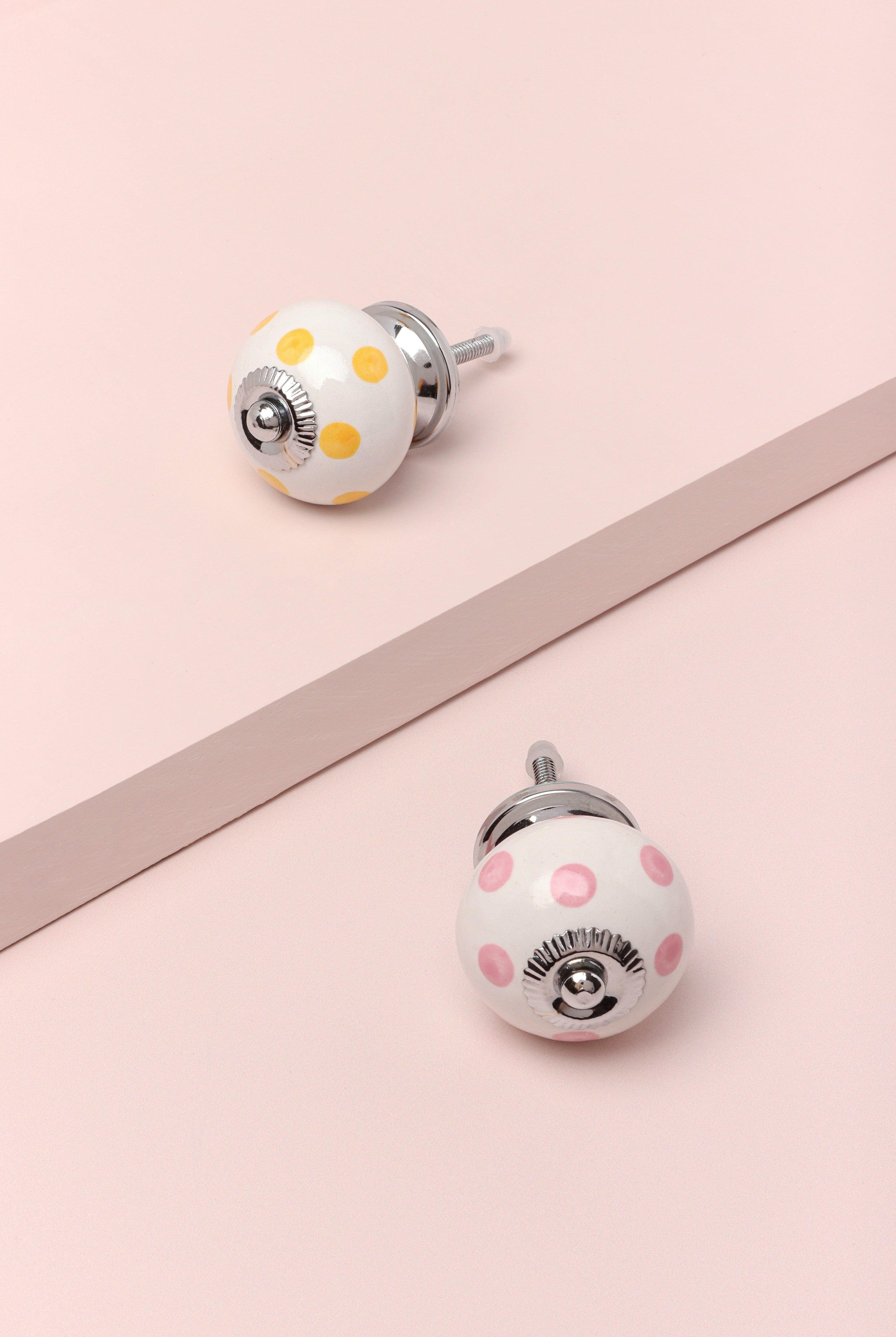 Handcrafted & Handpainted White Base Polka Dot Ceramic Door Knobs In Yellow And Pink - G Decor