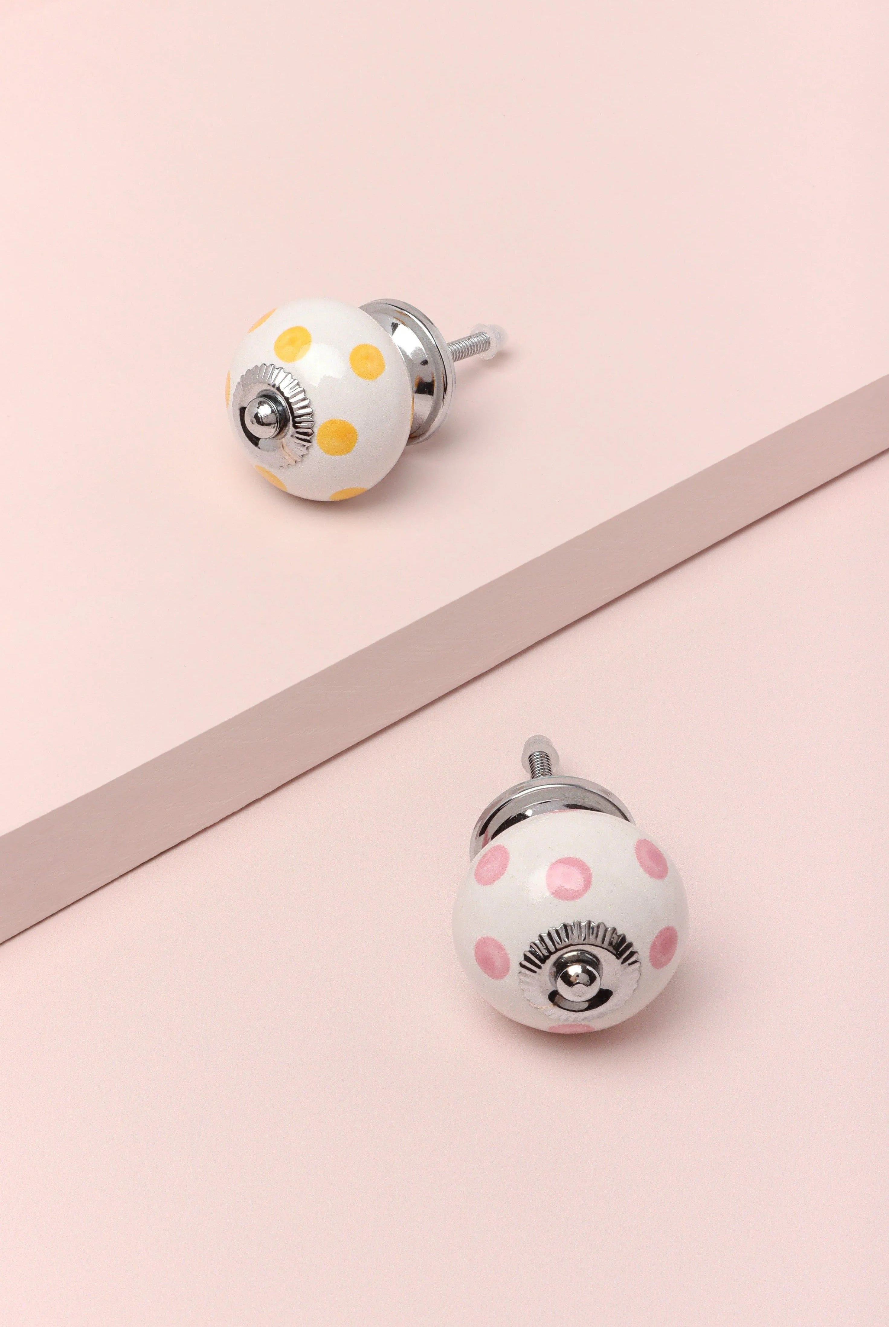 Handcrafted & Handpainted White Base Polka Dot Ceramic Door Knobs In Yellow And Pink - G Decor