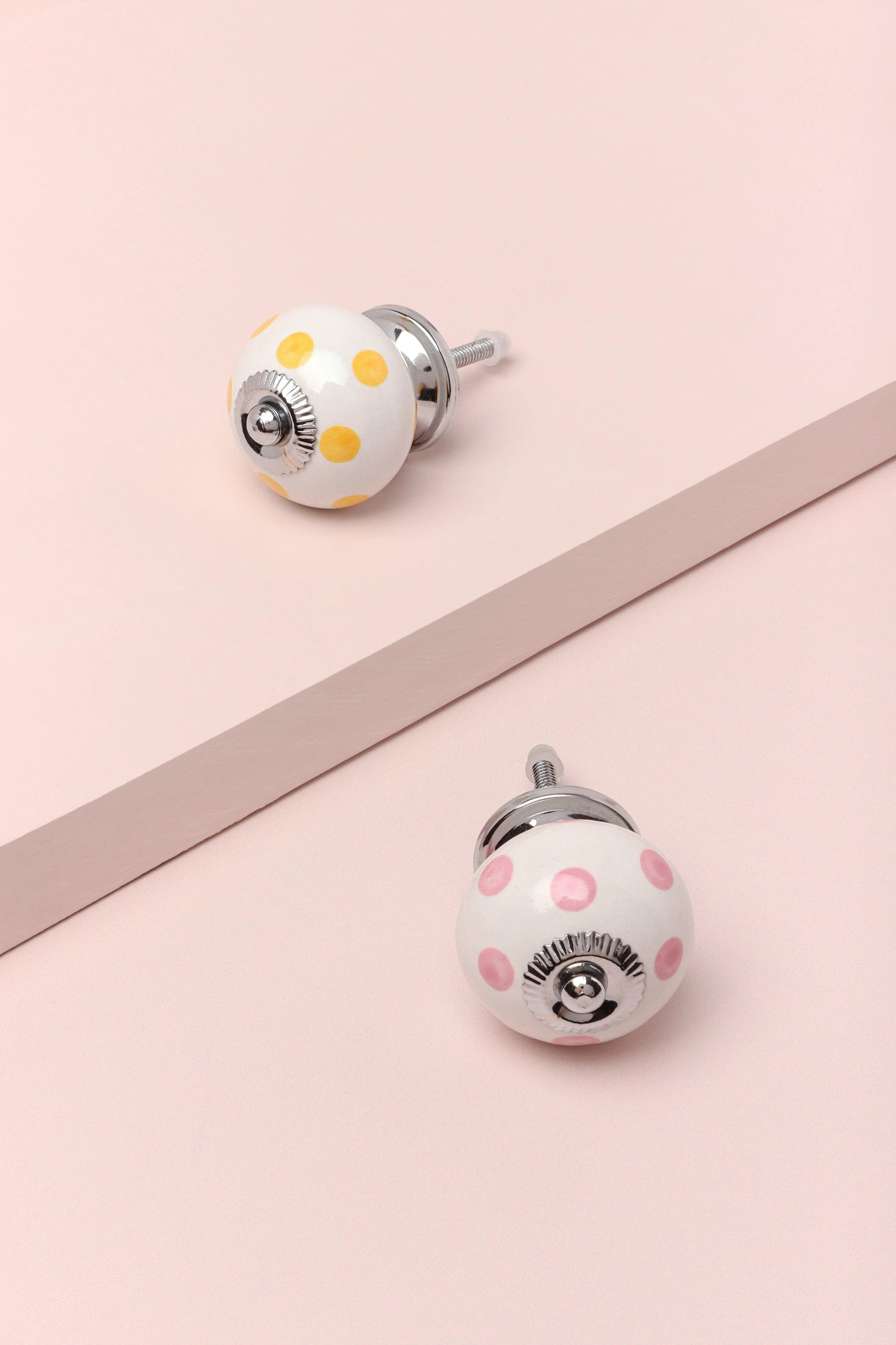 handcrafted-and-handpainted-white-base-polka-dot-ceramic-door-knobs-in-yellow-and-pink-g-decor-10926 - G Decor
