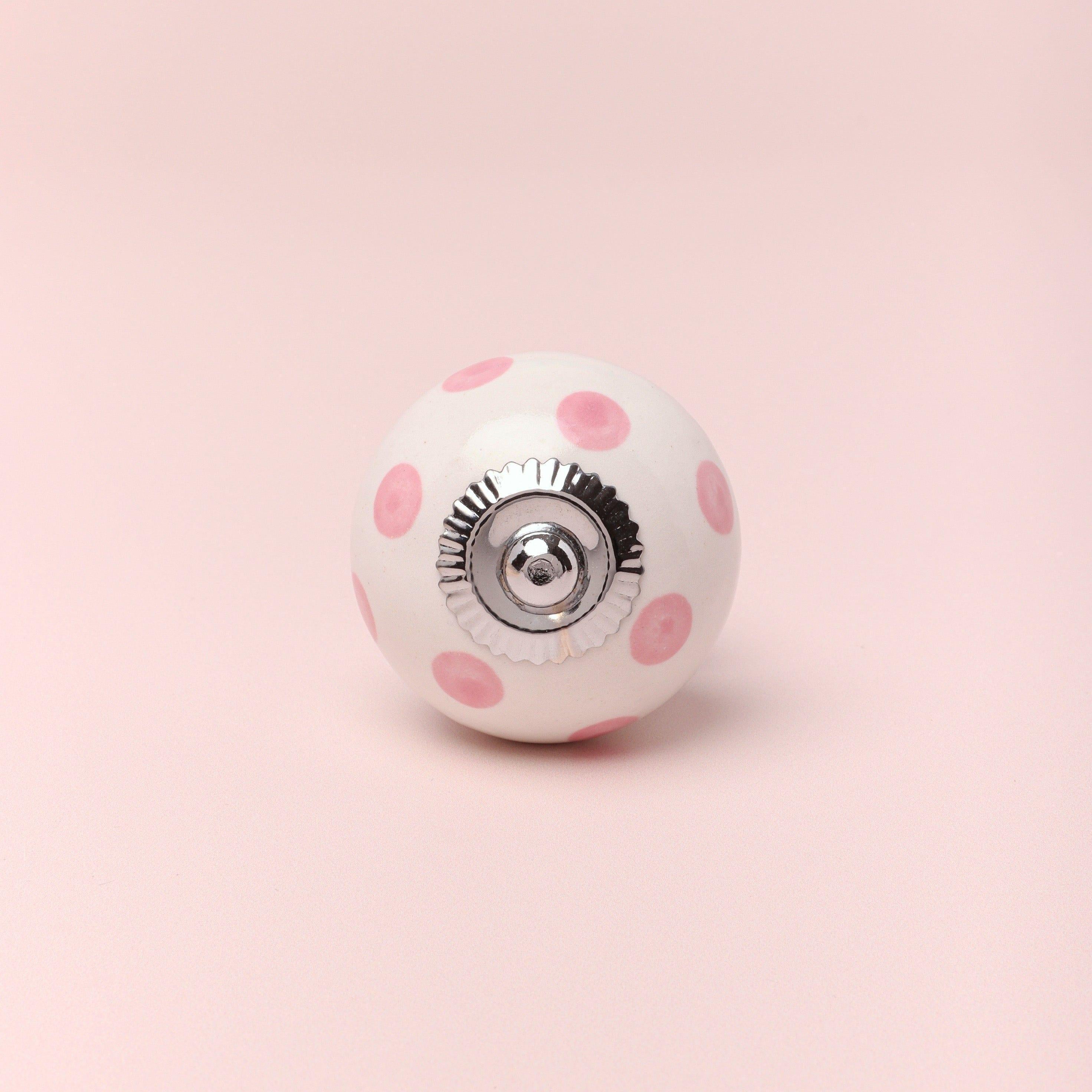 Handcrafted & Handpainted White Base Polka Dot Ceramic Door Knobs In Yellow And Pink - G Decor