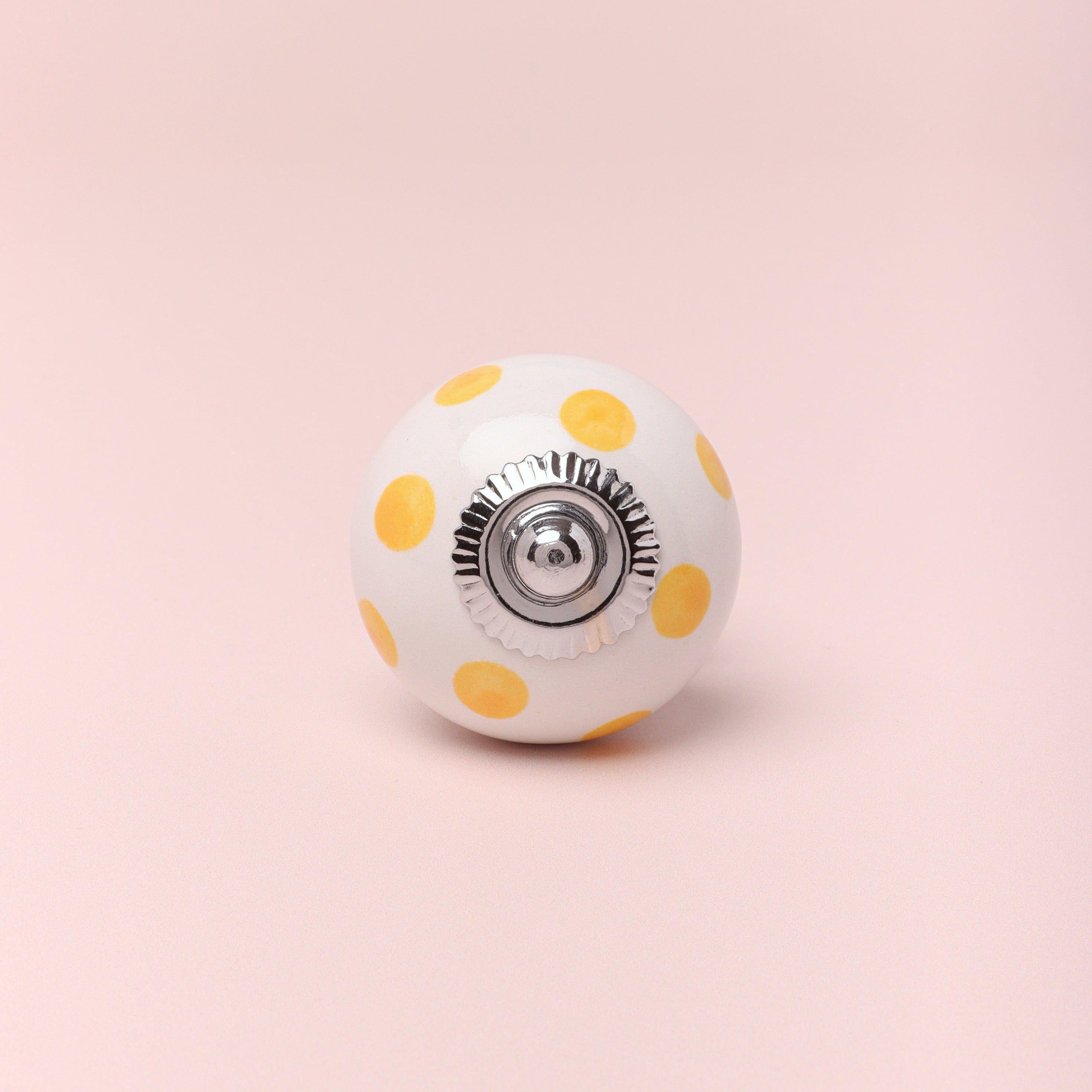 Handcrafted & Handpainted White Base Polka Dot Ceramic Door Knobs In Yellow And Pink - G Decor