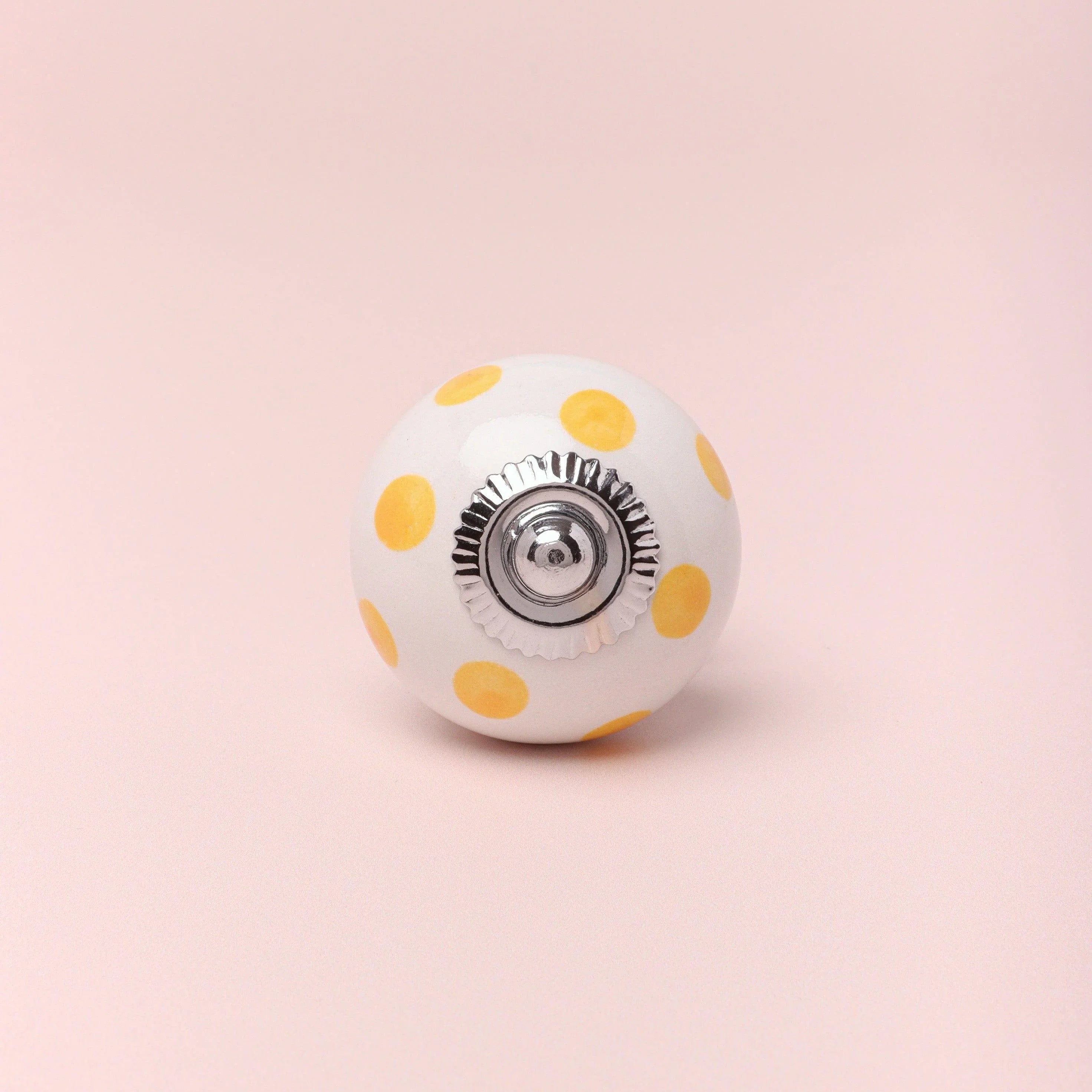 Handcrafted & Handpainted White Base Polka Dot Ceramic Door Knobs In Yellow And Pink - G Decor