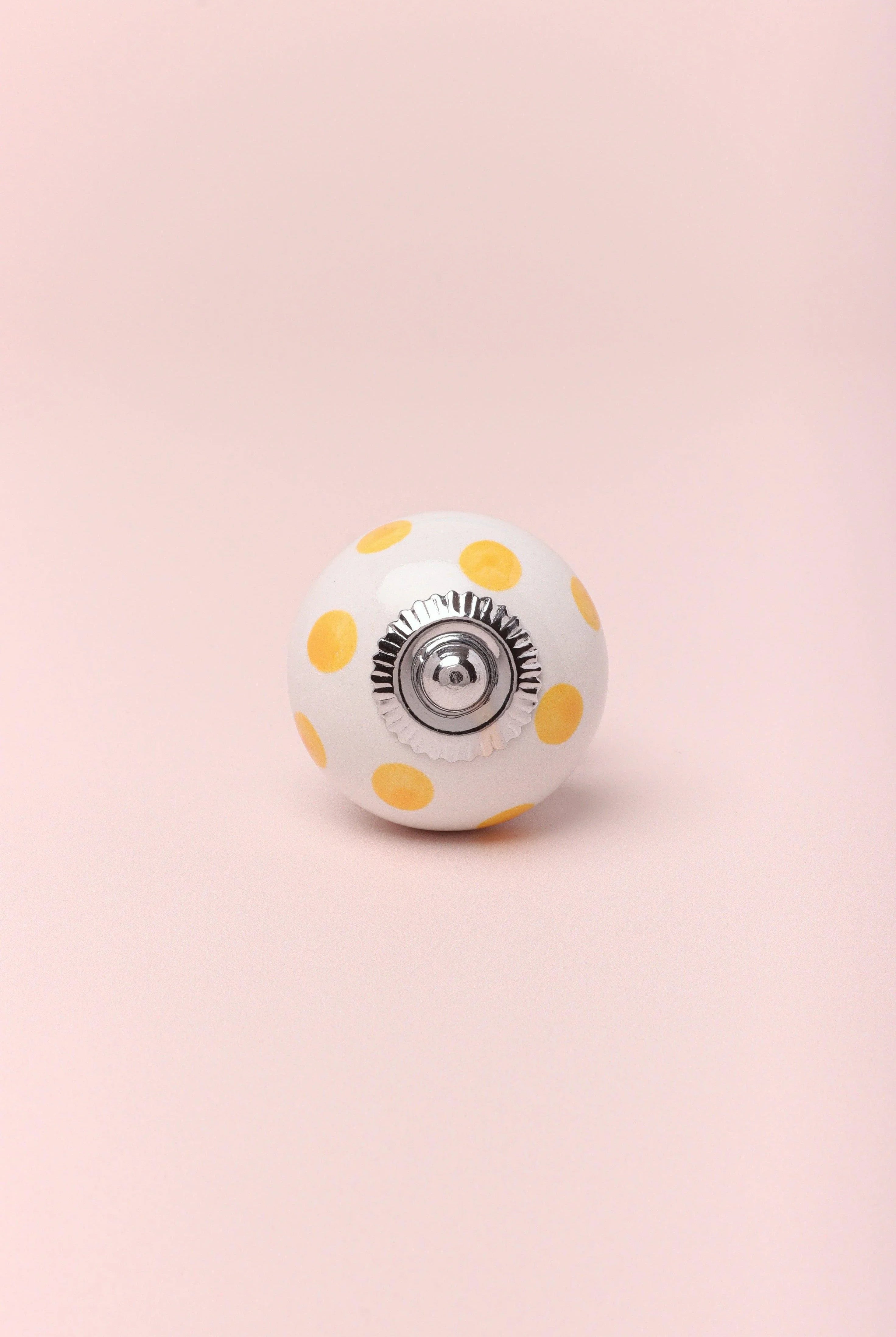 Handcrafted & Handpainted White Base Polka Dot Ceramic Door Knobs In Yellow And Pink - G Decor