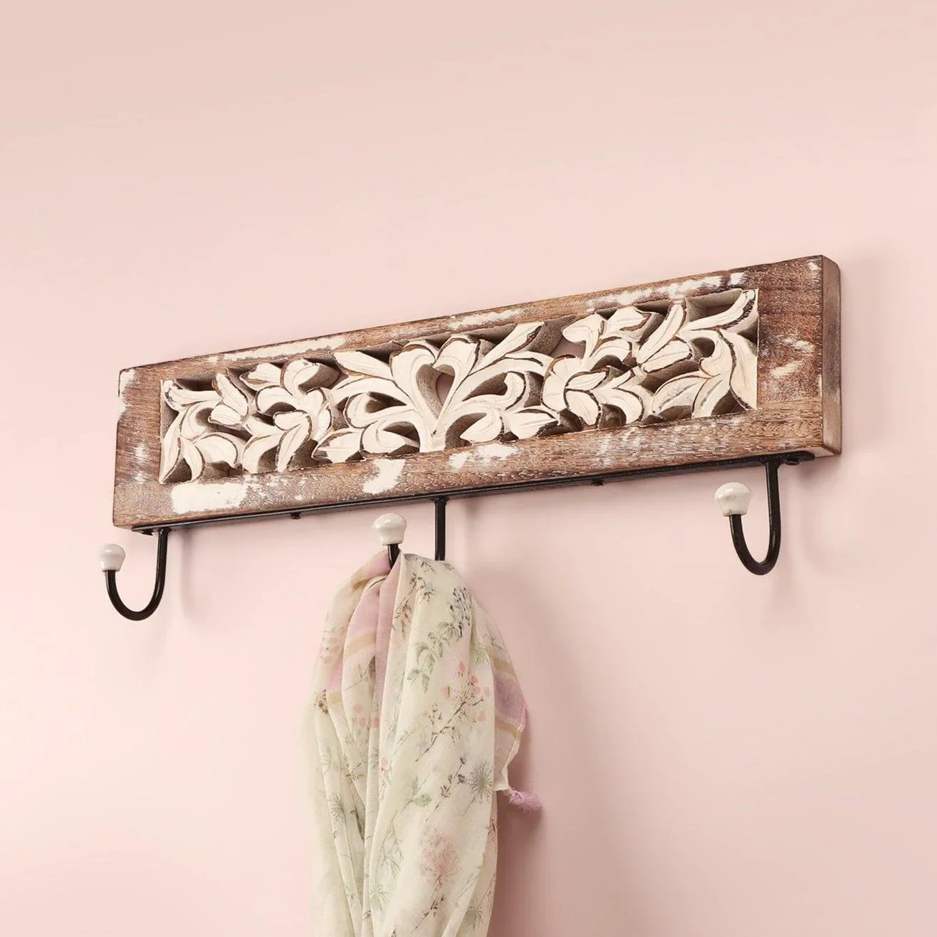 Handcrafted Antique Floral Carved Wooden Wall Hook Rack Rustic 3-Hook Hanger in Whitewashed Mango Wood - G Decor