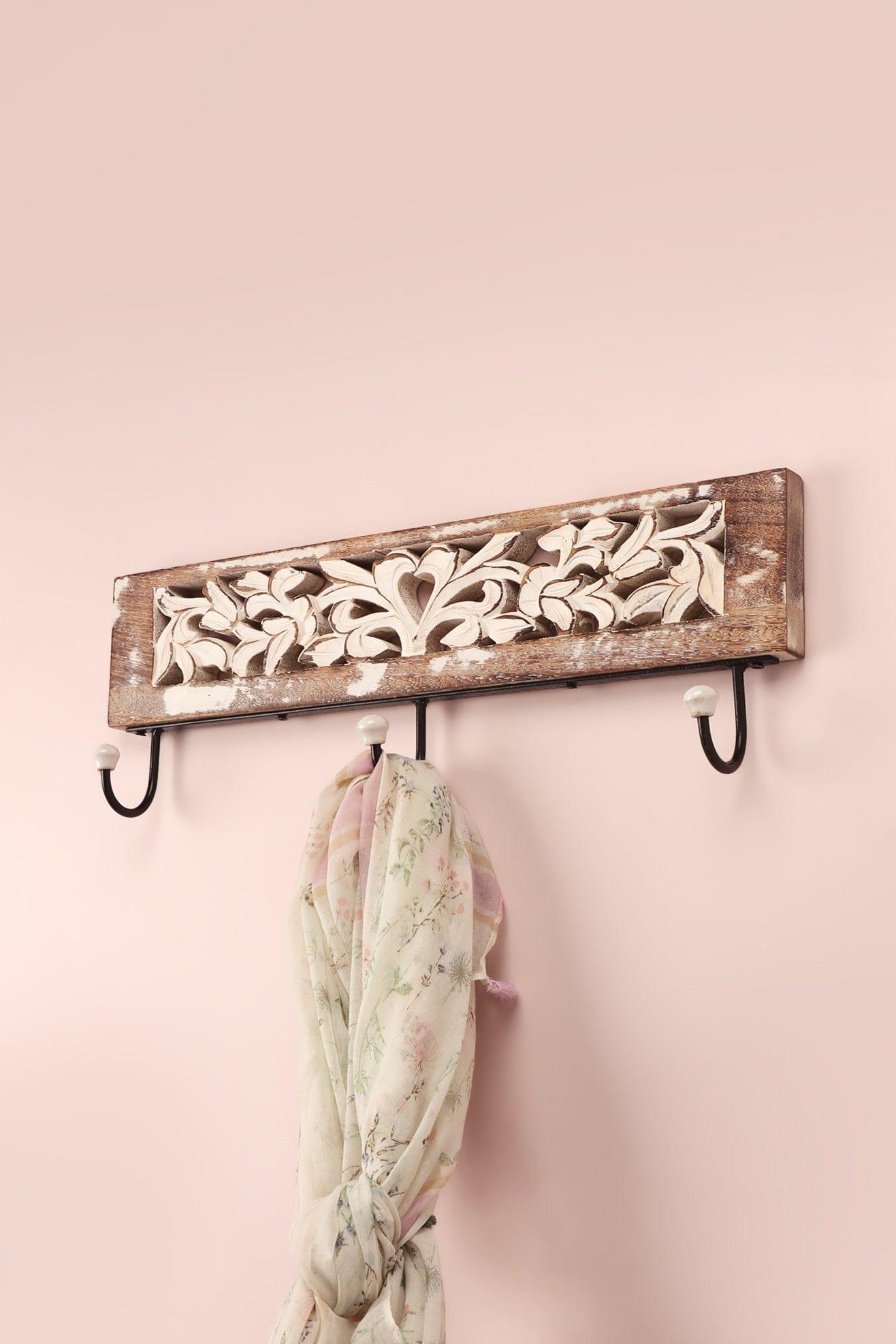 Handcrafted Antique Floral Carved Wooden Wall Hook Rack Rustic 3-Hook Hanger in Whitewashed Mango Wood - G Decor