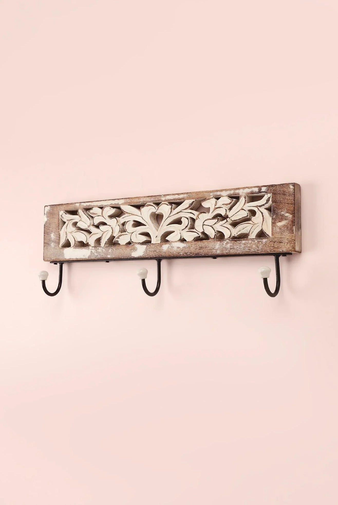 Handcrafted Antique Floral Carved Wooden Wall Hook Rack Rustic 3-Hook Hanger in Whitewashed Mango Wood - G Decor