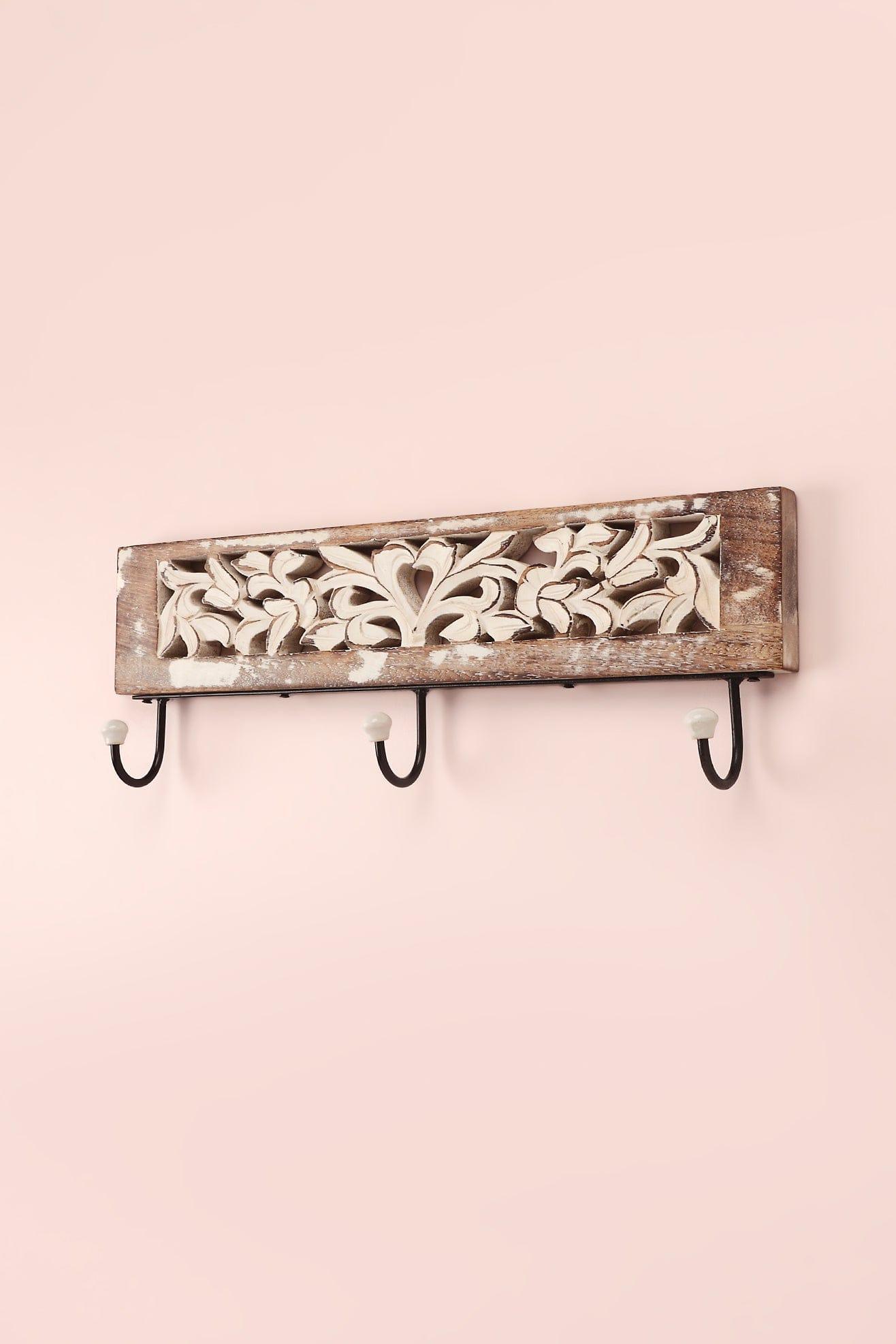 Handcrafted Antique Floral Carved Wooden Wall Hook Rack Rustic 3-Hook Hanger in Whitewashed Mango Wood - G Decor
