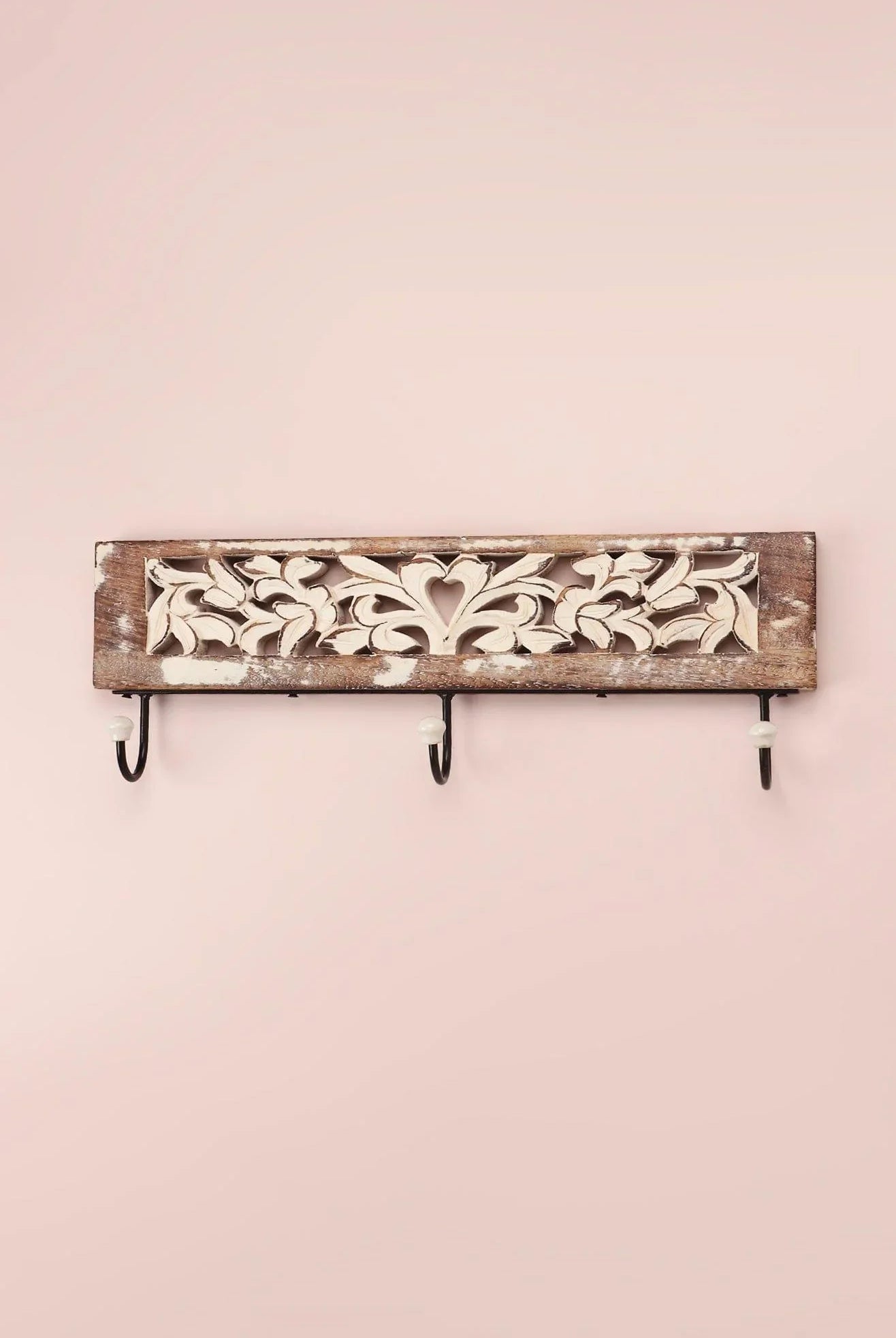 Handcrafted Antique Floral Carved Wooden Wall Hook Rack Rustic 3-Hook Hanger in Whitewashed Mango Wood - G Decor