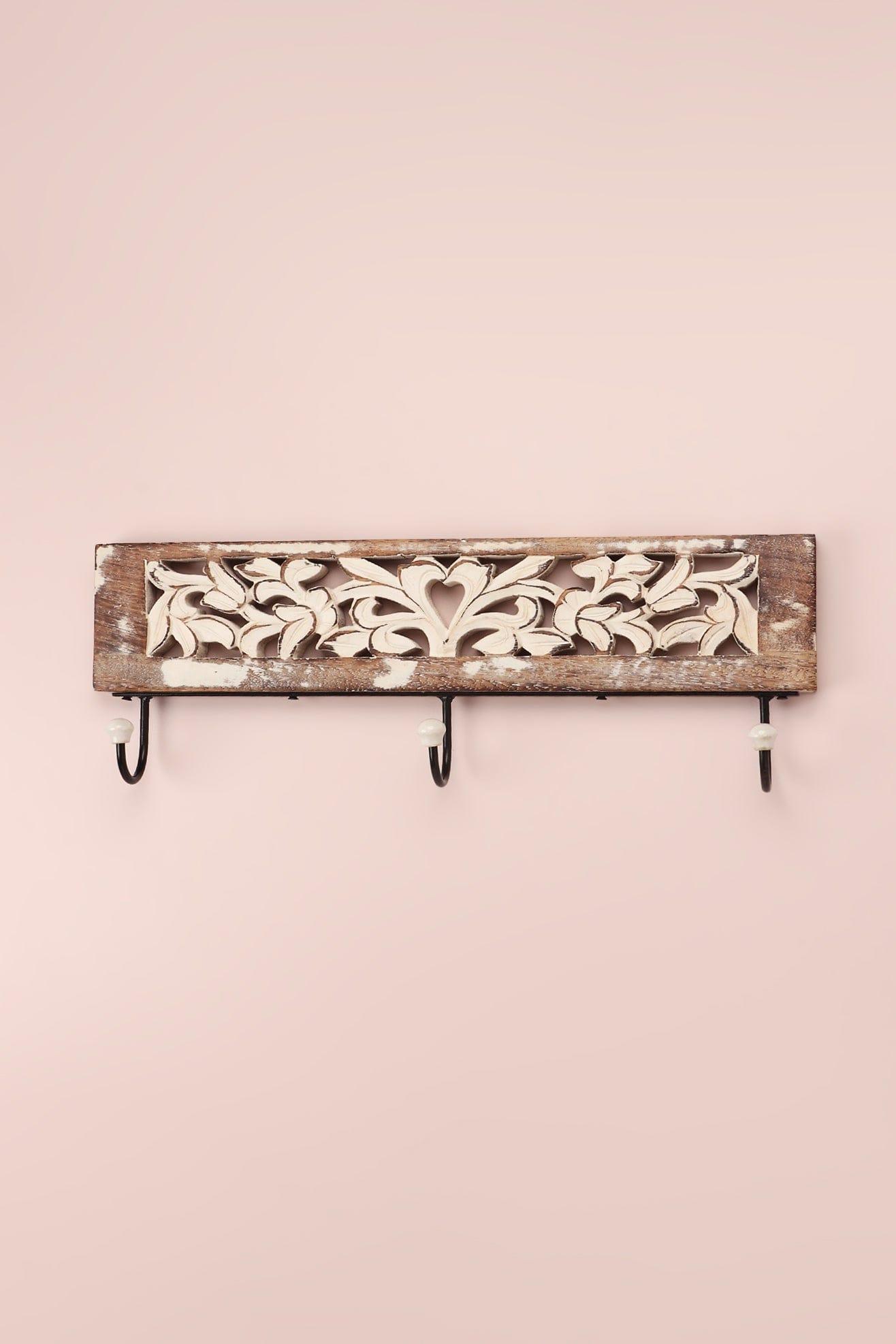 Handcrafted Antique Floral Carved Wooden Wall Hook Rack Rustic 3-Hook Hanger in Whitewashed Mango Wood - G Decor