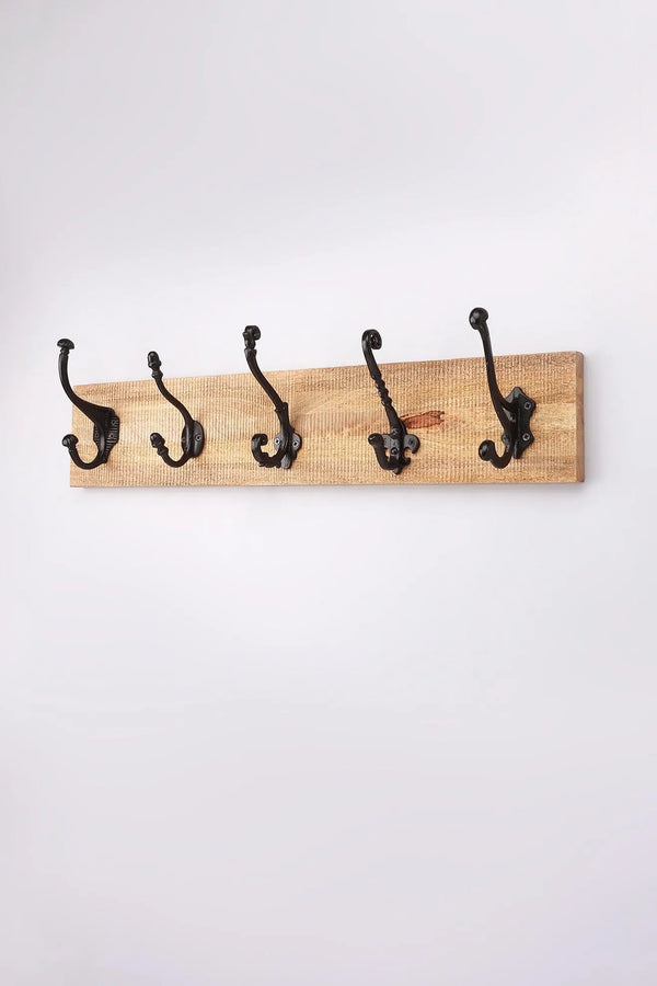 Reclaimed Wood and Cast Iron Wall Rack with 5 Vintage Hooks