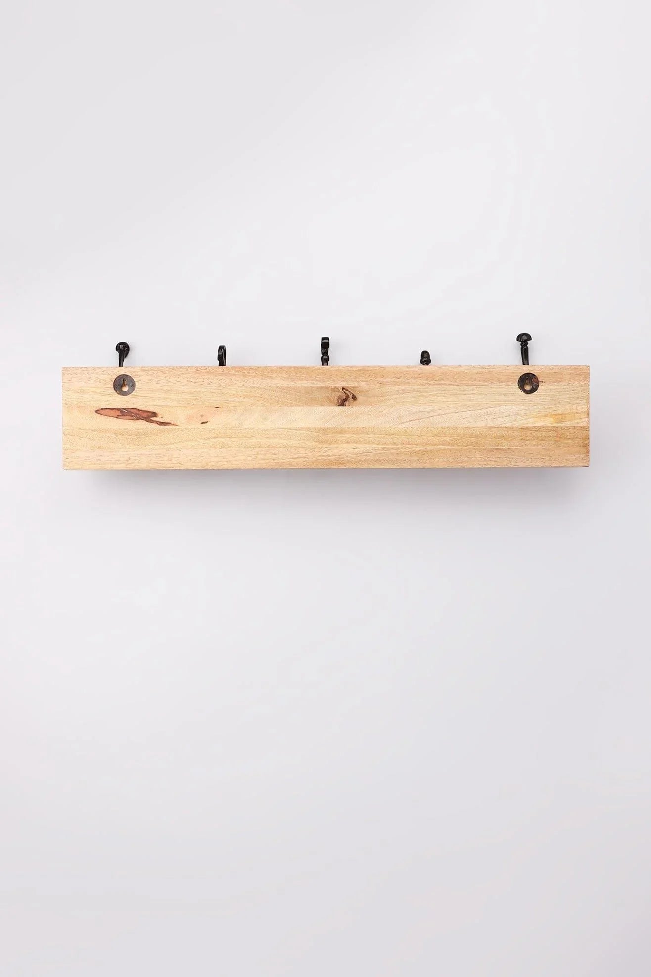 Reclaimed Wood and Cast Iron Wall Rack with Vintage Hooks — close-up view, G Decor