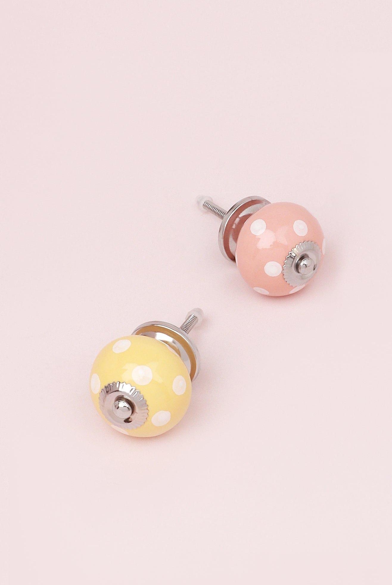 Handmade Hand-Painted Polka Dot Ceramic Door Knob In Pastel Pink And Pastel Yellow - G Decor