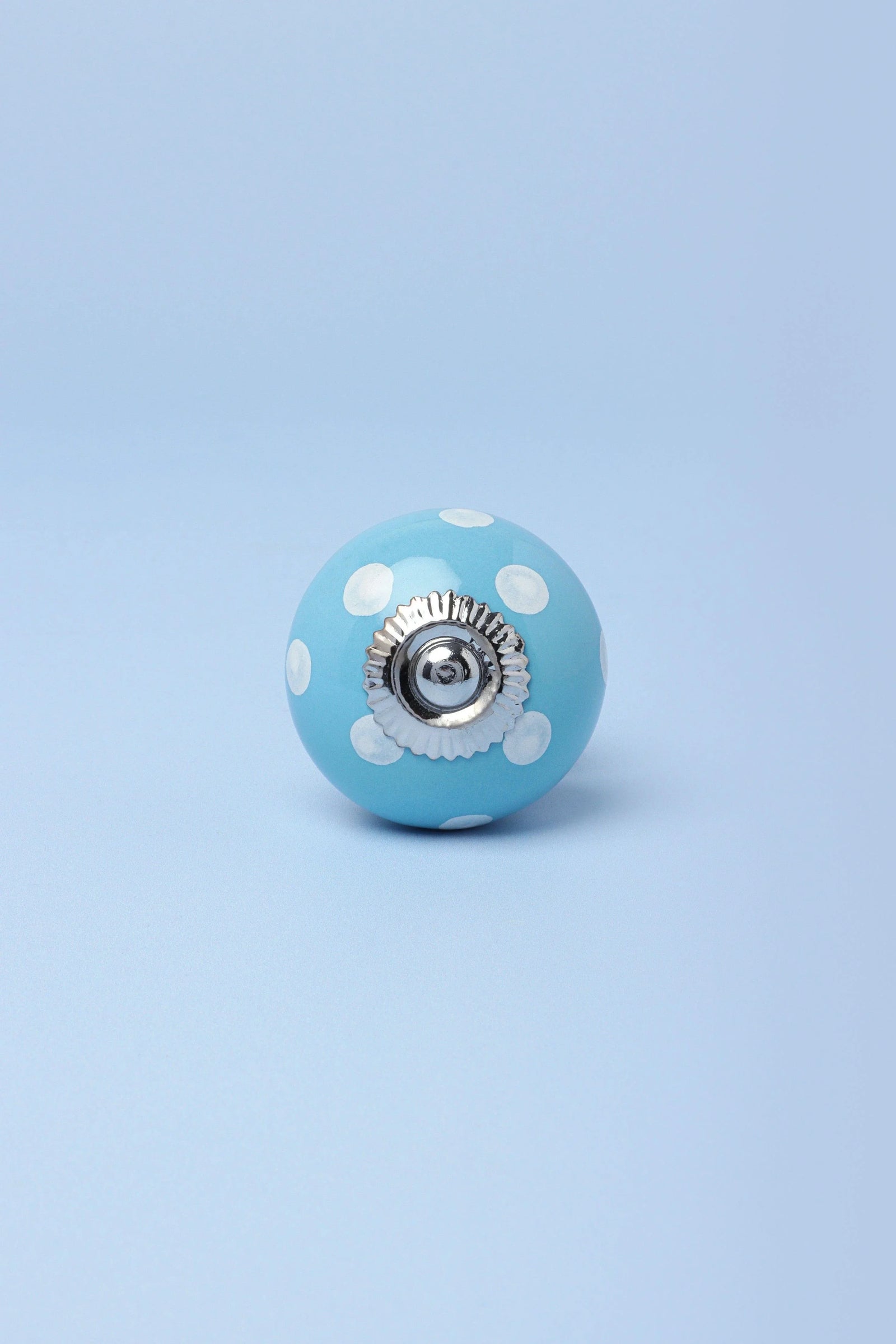 Hand-Painted Polka Dot Ceramic Cabinet Knob in Pink and Light Blue — close-up view, G Decor