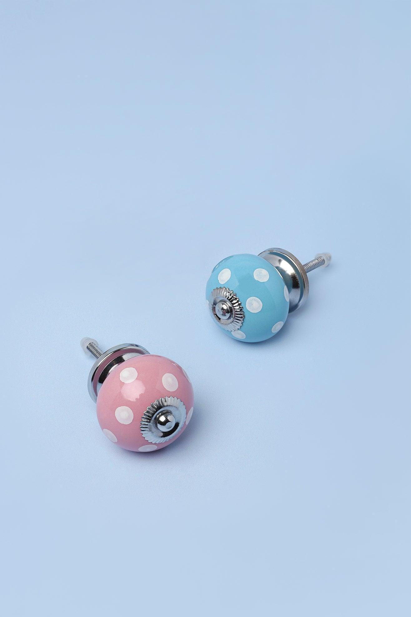 Handmade Hand-Painted Polka Dot Ceramic Door Knob In Pink And Light Blue - G Decor