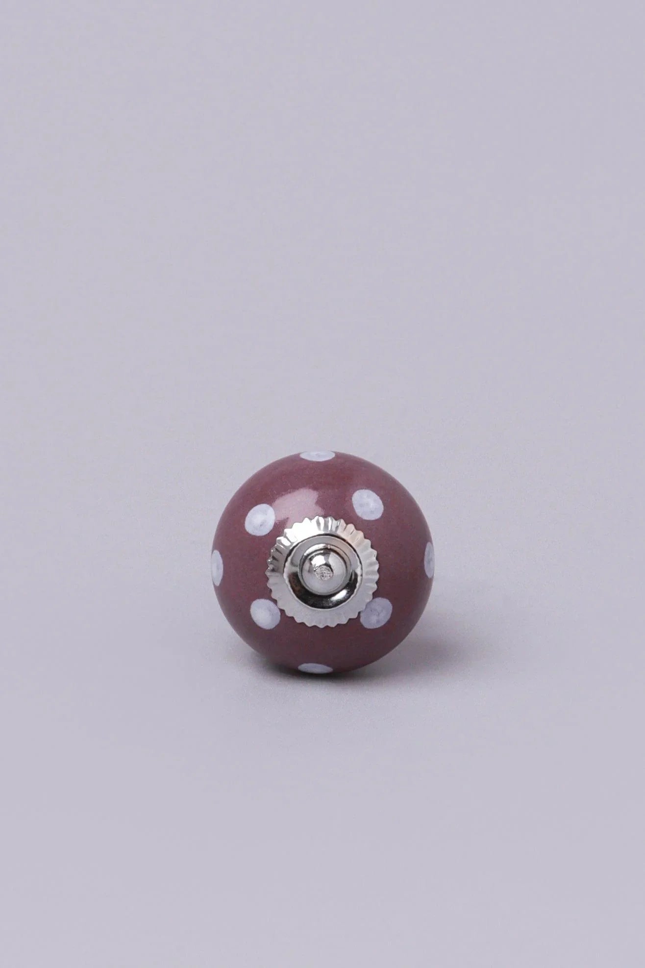 Polka Dot Ceramic Cabinet Knob in Purple and Dark Grey — close-up view, G Decor