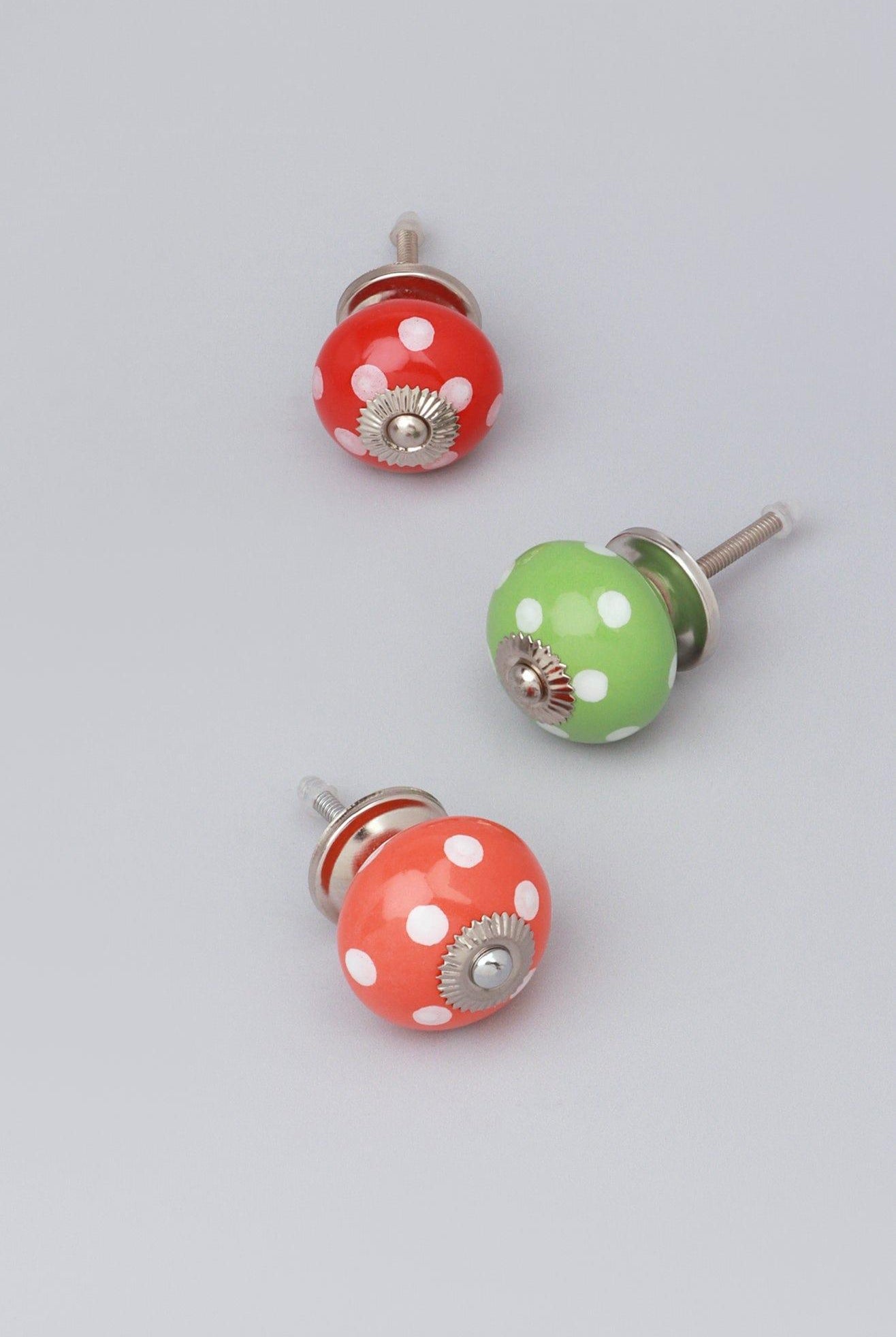Handmade Hand-Painted Polka Dot Ceramic Door Knob In Red, Light Green And Orange - G Decor