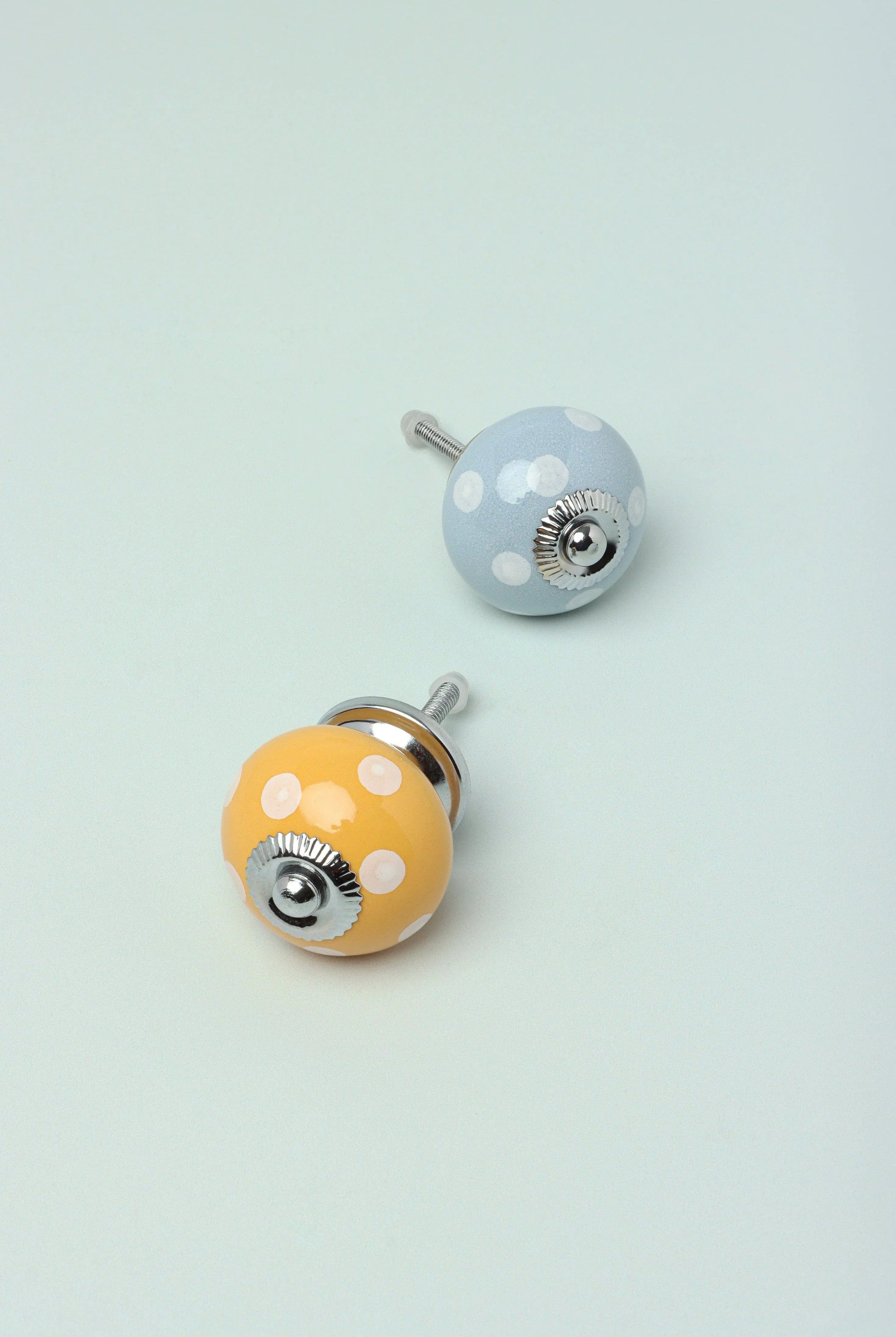 Handmade Hand-Painted Polka Dot Ceramic Door Knob In Yellow And Grey - G Decor