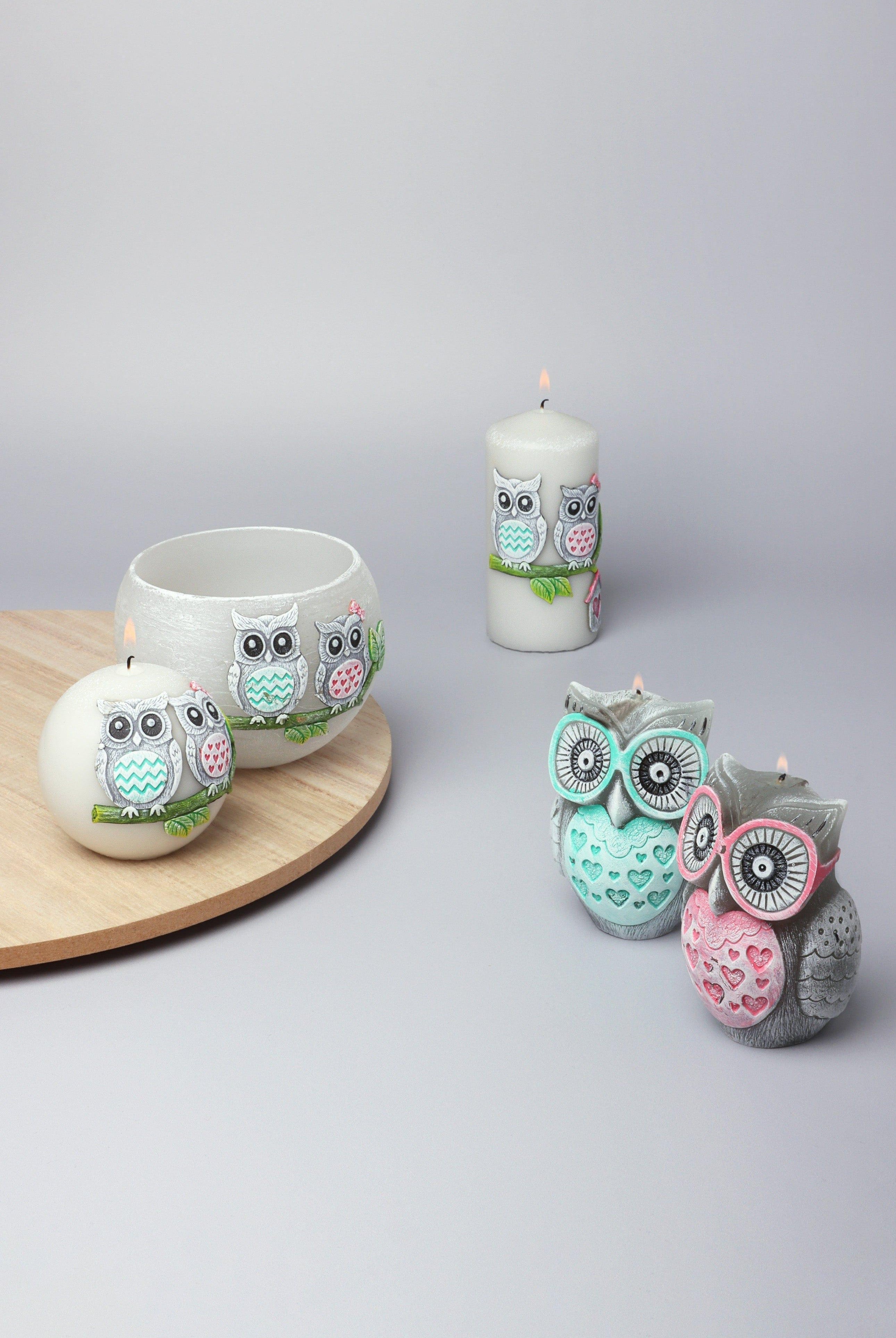 Handmade Hootique Owl Couple Candle Grey Owls with Wide Eyes - G Decor