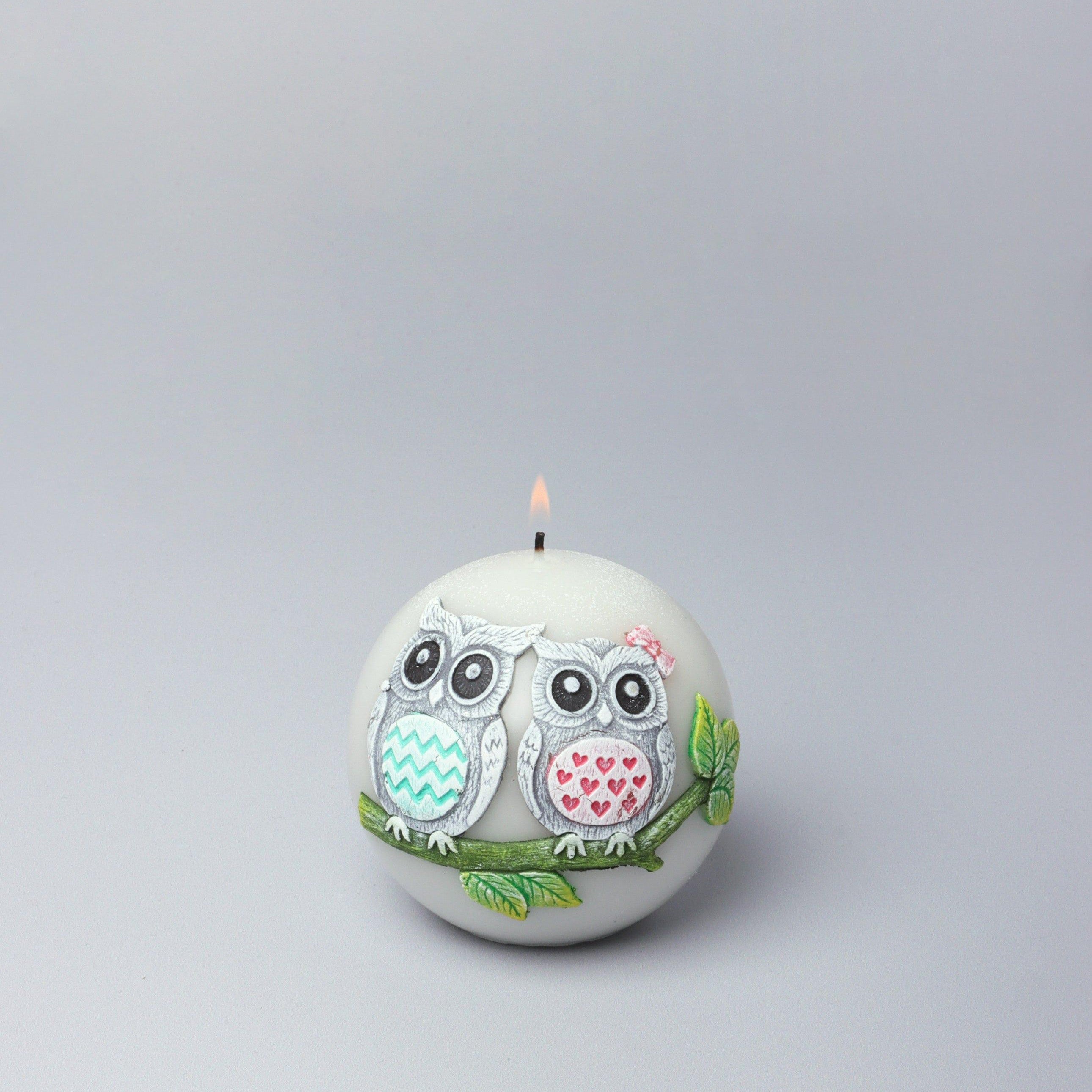 Handmade Hootique Owl Couple Candle Grey Owls with Wide Eyes - G Decor