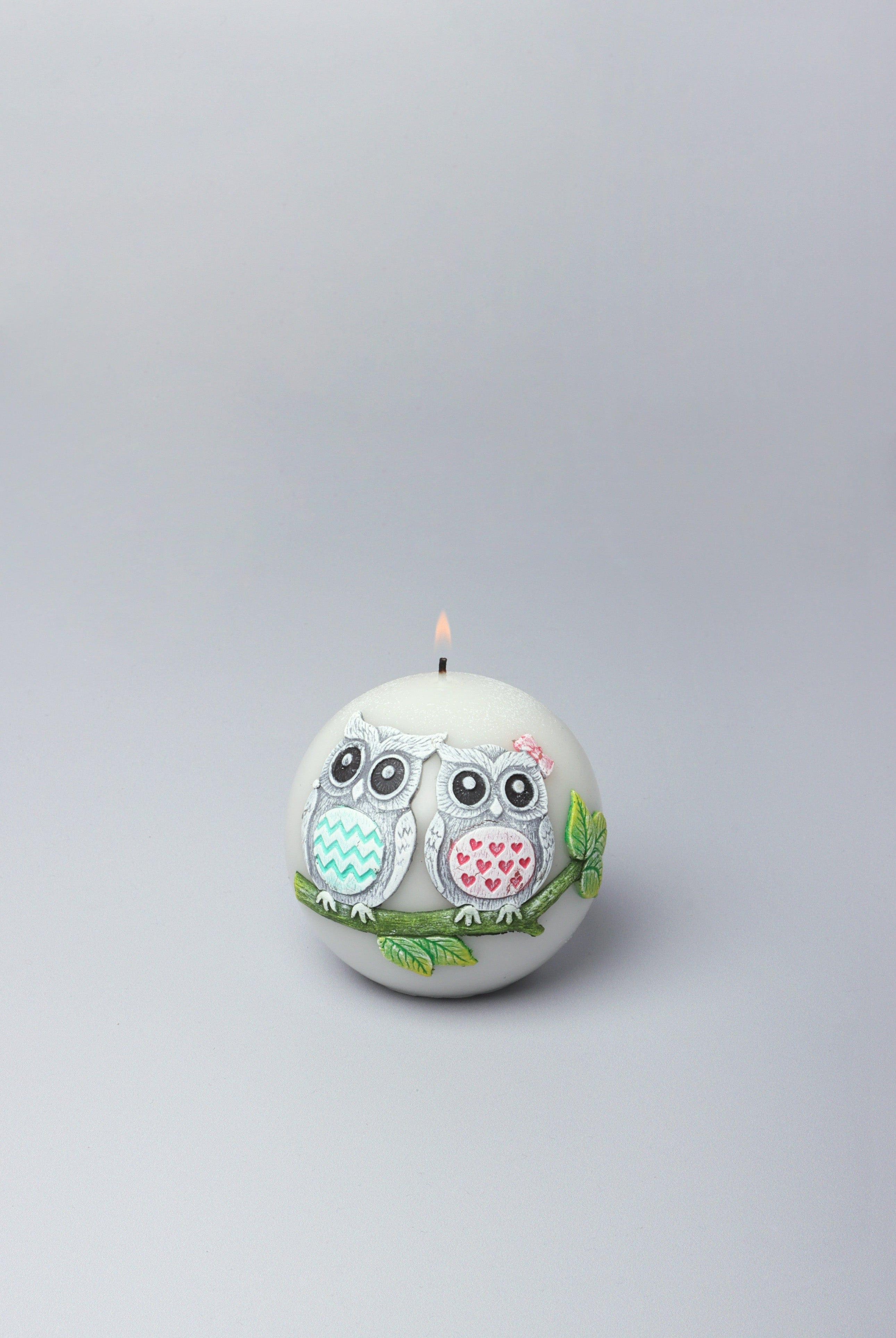 Handmade Hootique Owl Couple Candle Grey Owls with Wide Eyes - G Decor