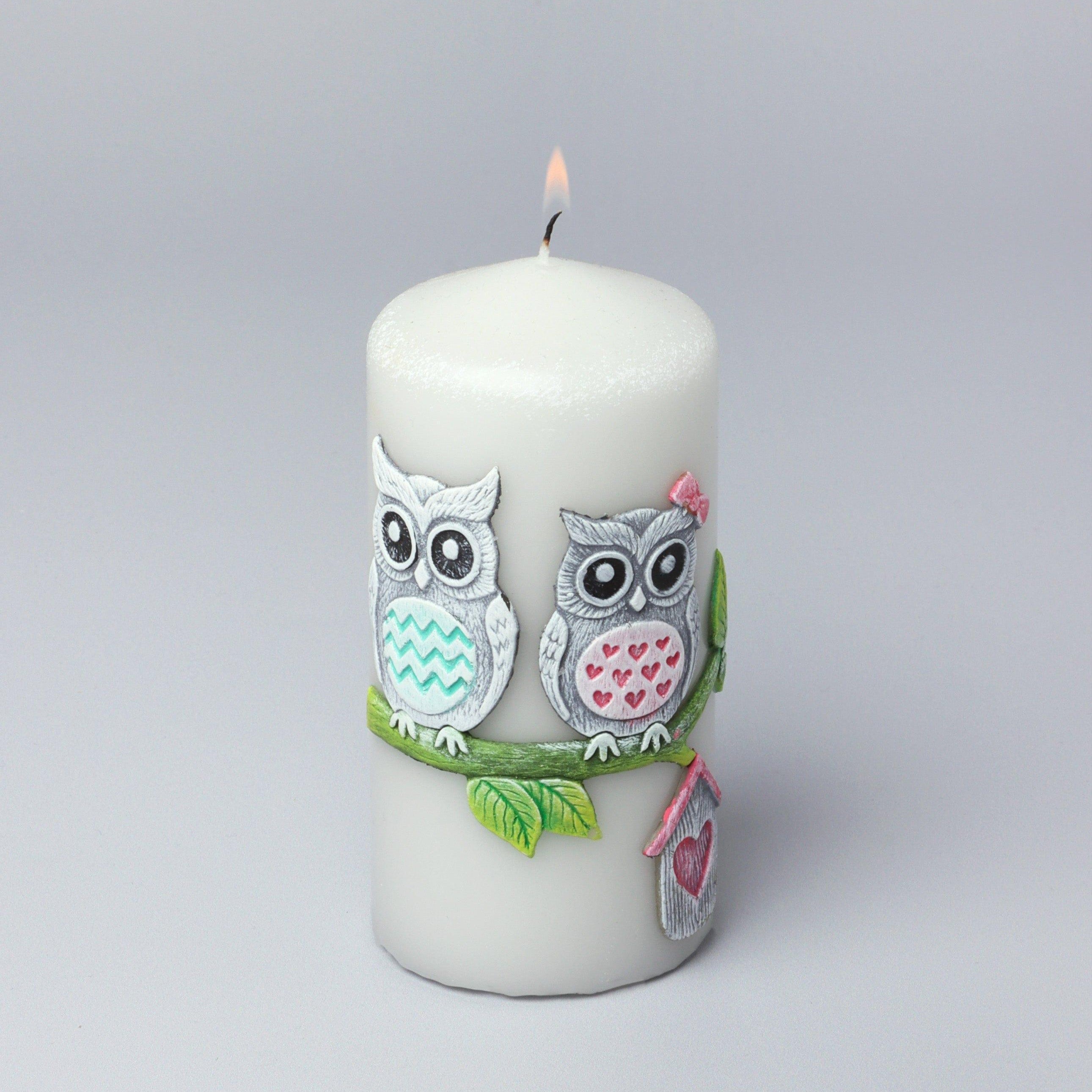 Handmade Hootique Owl Couple Candle Grey Owls with Wide Eyes - G Decor