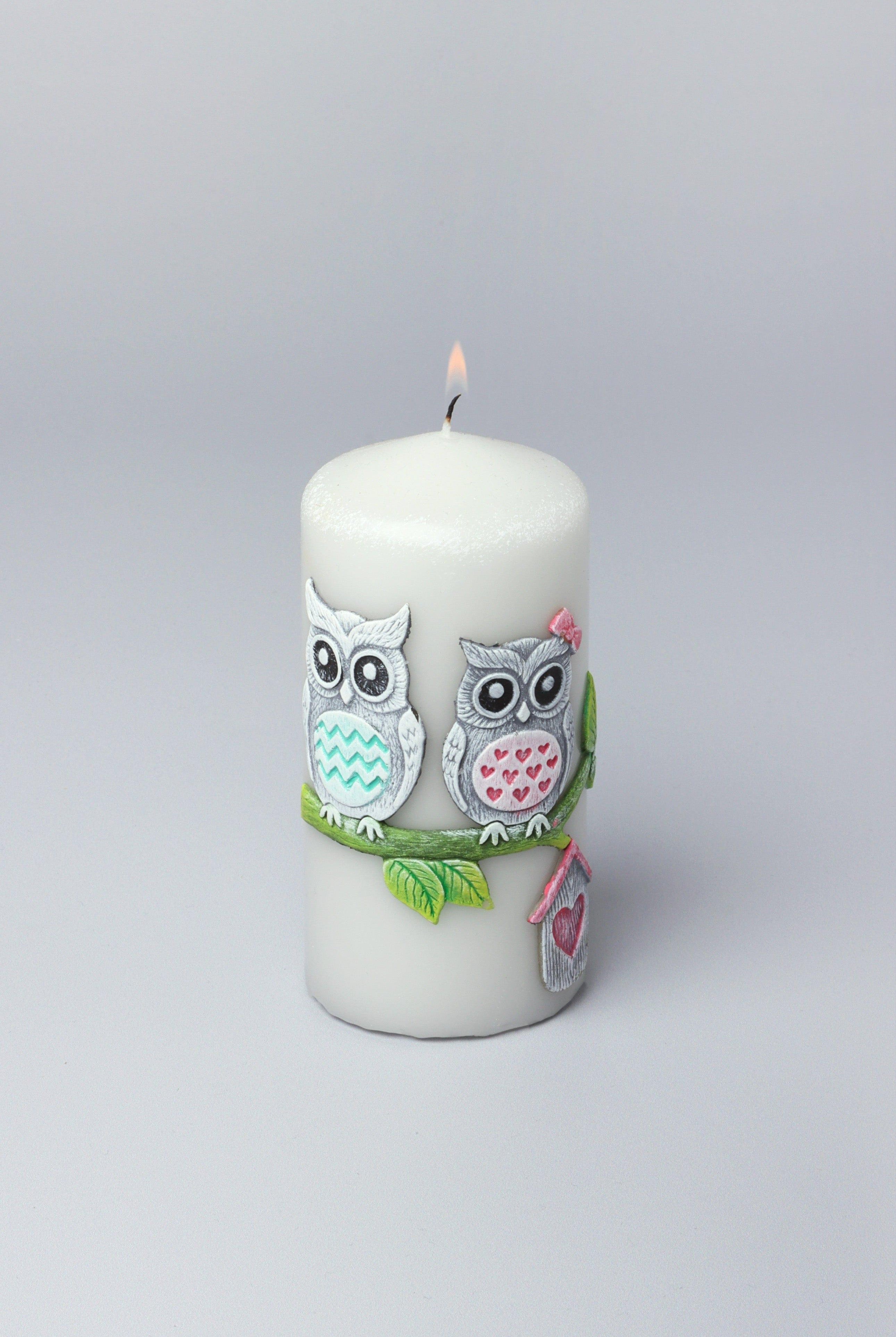 Handmade Hootique Owl Couple Candle Grey Owls with Wide Eyes - G Decor