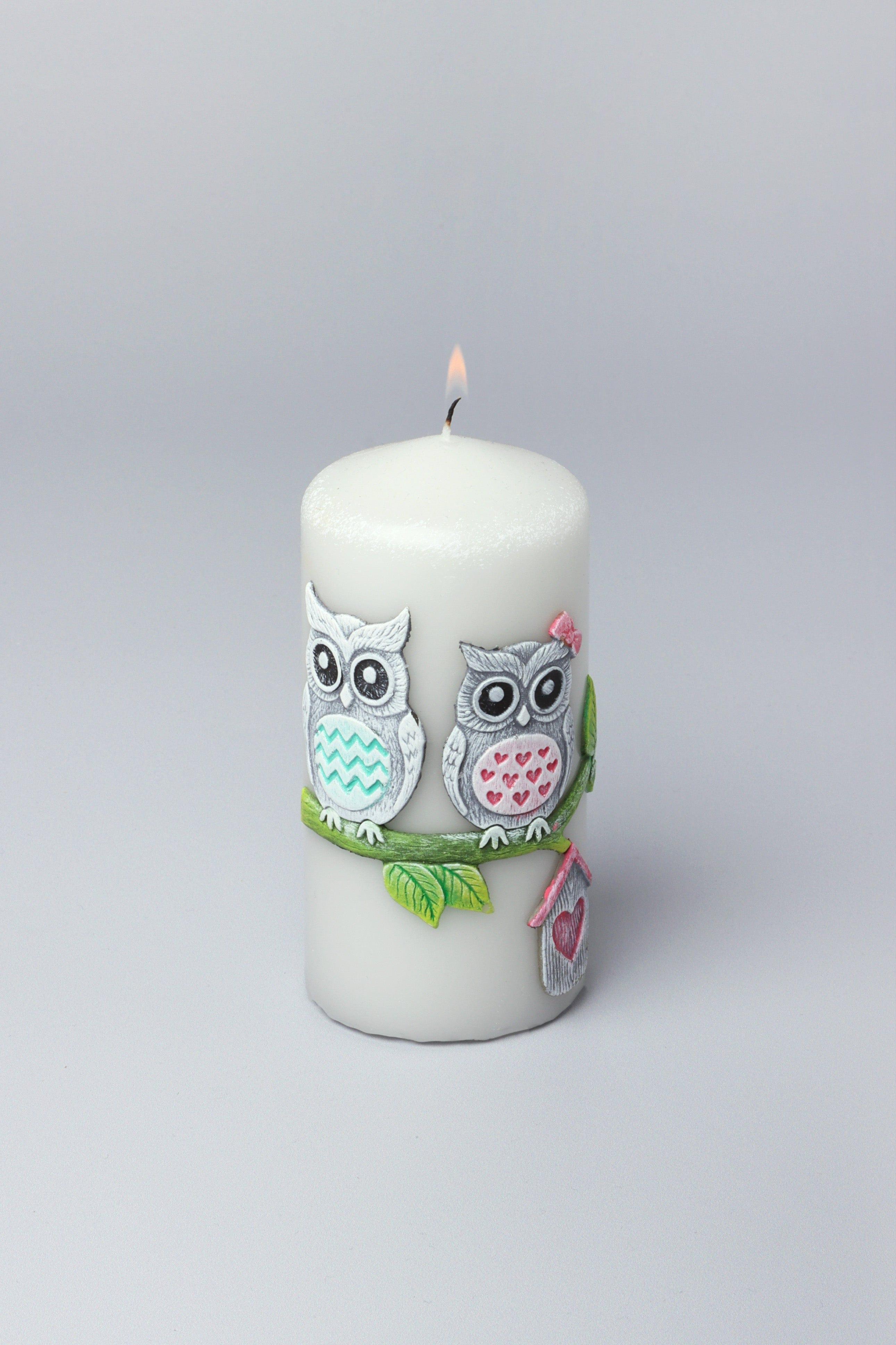 Handmade Hootique Owl Couple Candle Grey Owls with Wide Eyes - G Decor